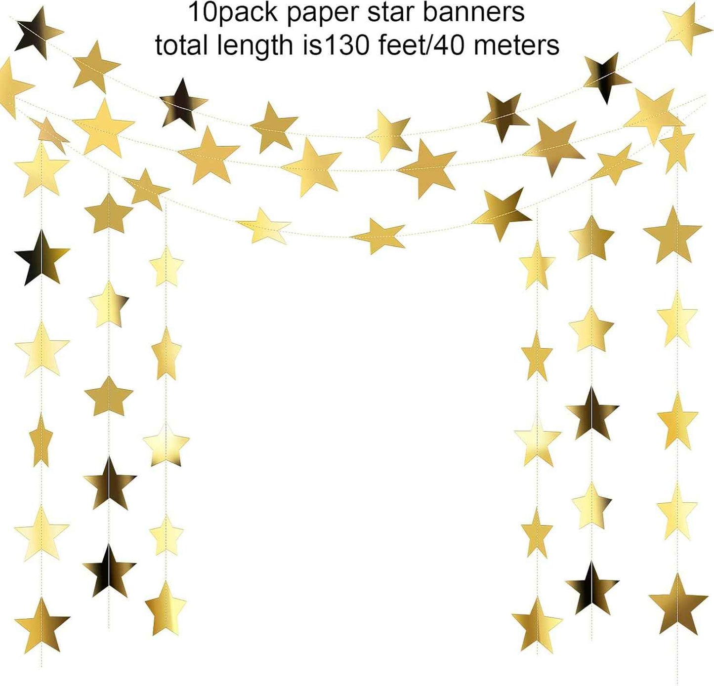 Patelai Glitter Star Garland Banner Christmas Decor 130 Feet Star Hanging Bunting Banner Twinkle Backdrop for Homecoming Classroom Wedding Birthday Halloween Party Supplies(Gold)