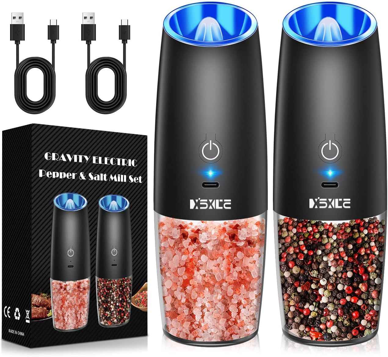 XinXu Gravity Electric Pepper and Salt Grinder Set, Adjustable Coarseness, Battery Powered with LED Light, One Hand Automatic Operation, Black -2 Pack