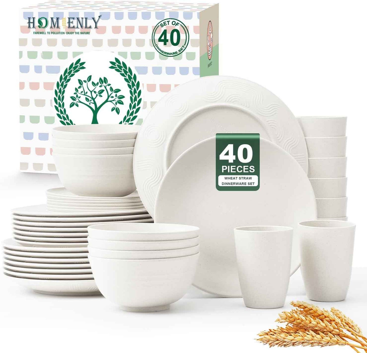 Homienly 40-Piece Premium Wheat Straw Dinnerware Sets, Service for 8, Unbreakable Plates and Bowls Set - Cups Sets, Dinner Plates, Bowls for Kitchen,Dishwasher and Microwave Safe Dishes Set - Multi