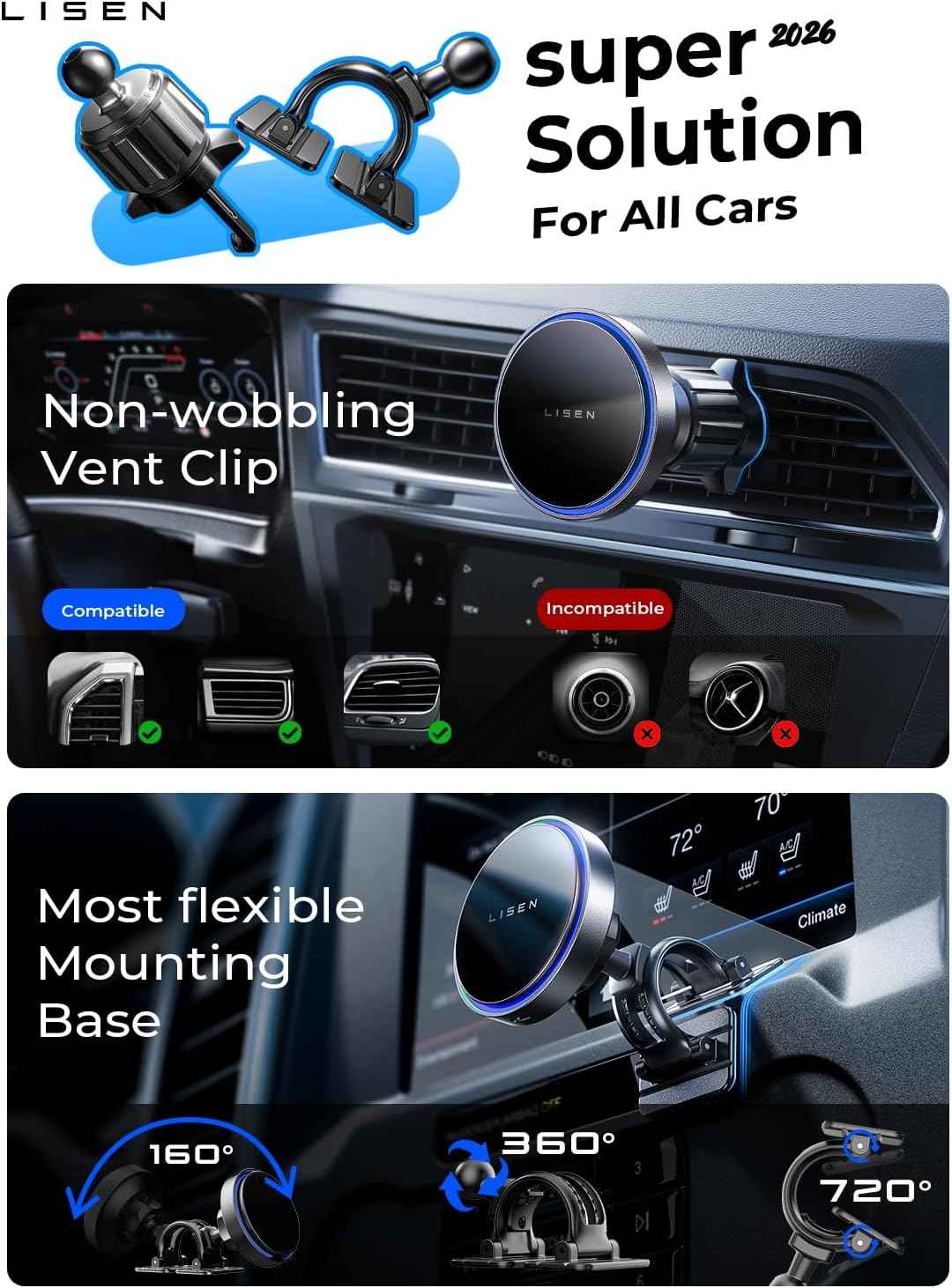 LISEN for 15W MagSafe Car Mount Charger,Magnetic Wireless Cars Charger,Magnetic Phone Holder for Cars,Phone Holders for Your Car Accessories for Men Women Jeep Ford F150 for iPhone 17-12,Samsung,Pixel