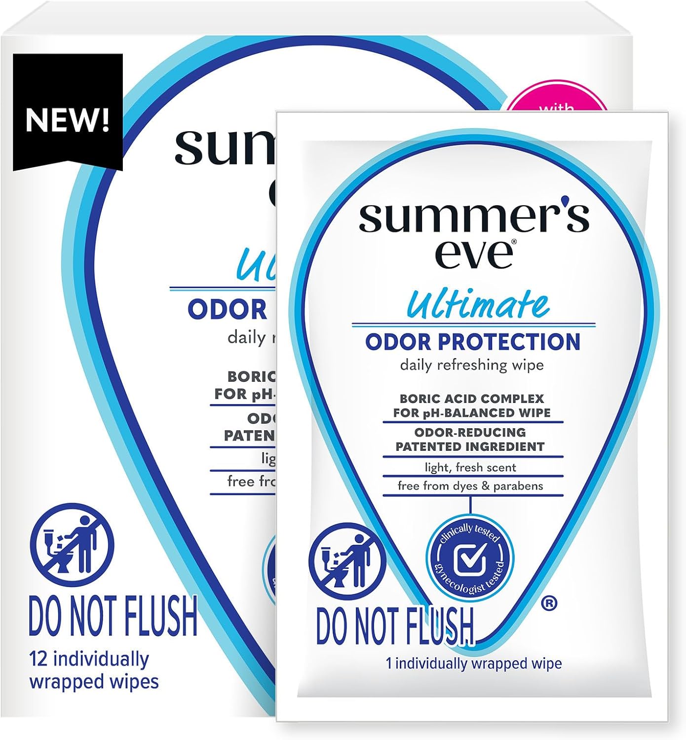 Summer's Eve Ultimate Odor Protection Daily Feminine Wipes, Gentle pH-Balanced Formula with Boric Acid Cleanses & Removes Vaginal Odor, Individually Wrapped Body Wipes, 12 Count