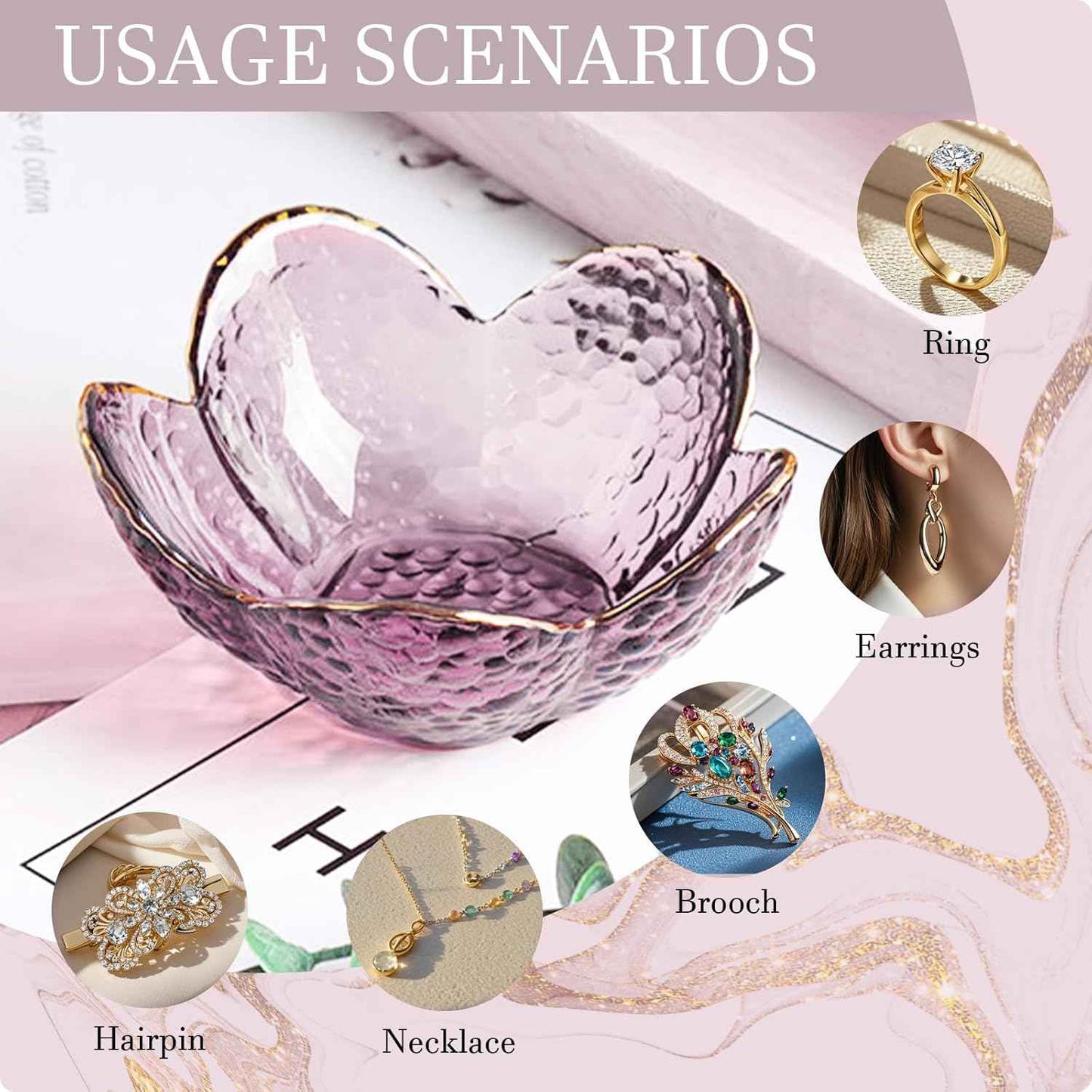 Purple Flower Jewelry Dish Glass Ring Holder Dish Jewelry Tray Cute Vanity Organizer Aesthetic Nightstand Bathroom Room Decor Trinket Dish Valentine's Friendship Christmas Birthday Gifts for Women