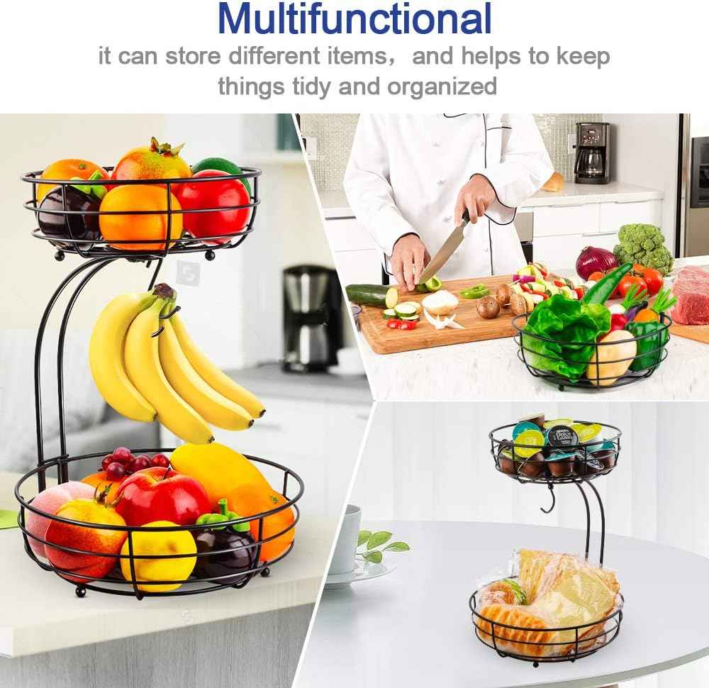 Auledio Iron 2-Tier Countertop Fruit Vegetables Basket Bowl Storage With Banana Hanger, Black, 64 ounces