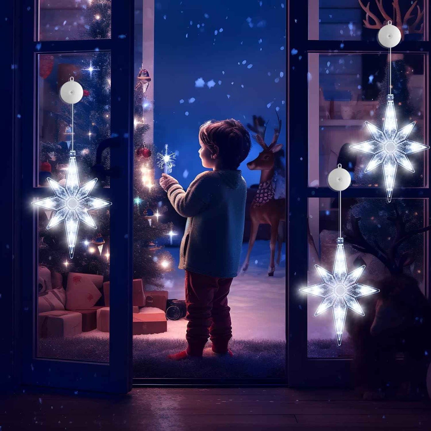 3Pcs Christmas Window Lights Decorations with Timer,Battery Powered Christmas Window Hanging White Lighted Lucky Star Shaped LED Sucker Lamp for Xmas Tree Fireplace Window Indoor Outdoor Decor