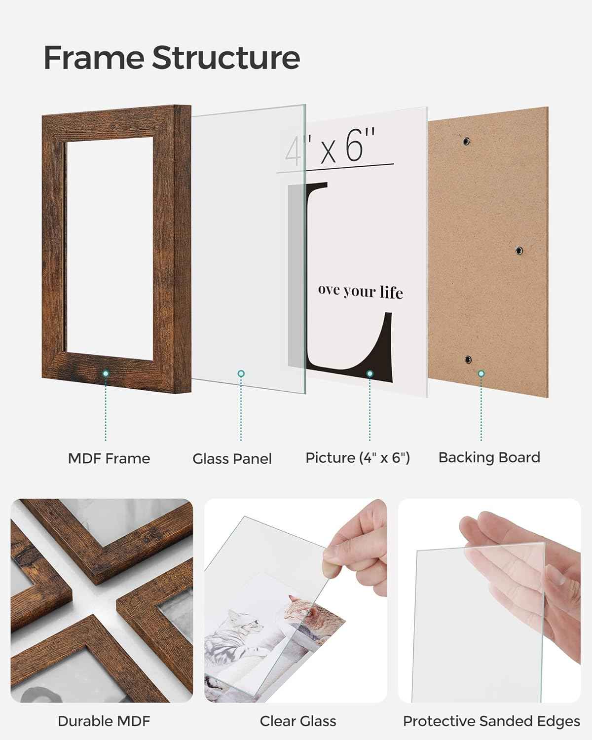 SONGMICS 4x6 Collage Picture Frames, 12-Pack Photo Collage Frame for Wall Decor, Glass Front, Assembly Required, Christmas Gift, Rustic Brown URPF022X01