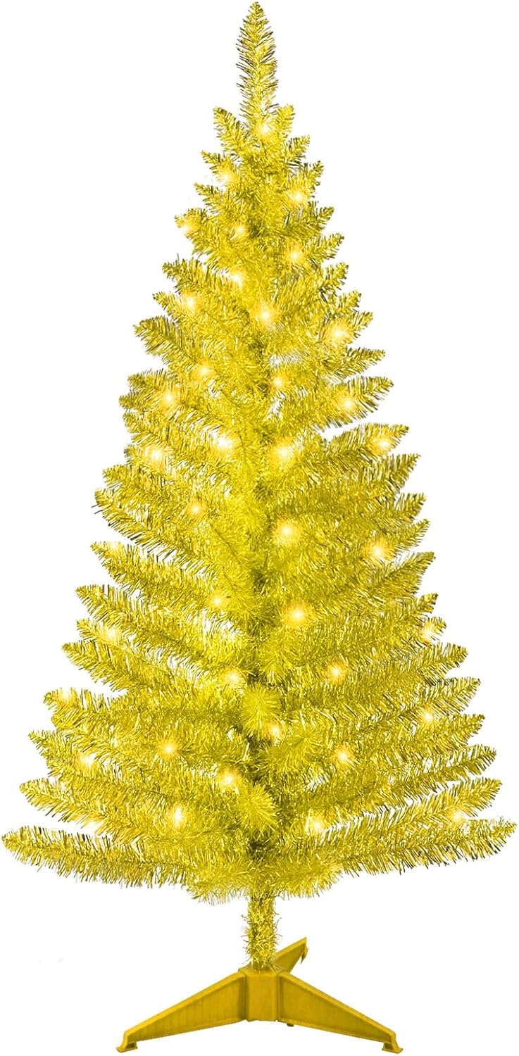 4ft Lighted Artificial White Christmas Tree | Leeheeyee Small Christmas Tree, Not Pre-lit White Tinsel Pine Trees with Lights, Ideal for Home, Office, and Xmas Tree Party Décor