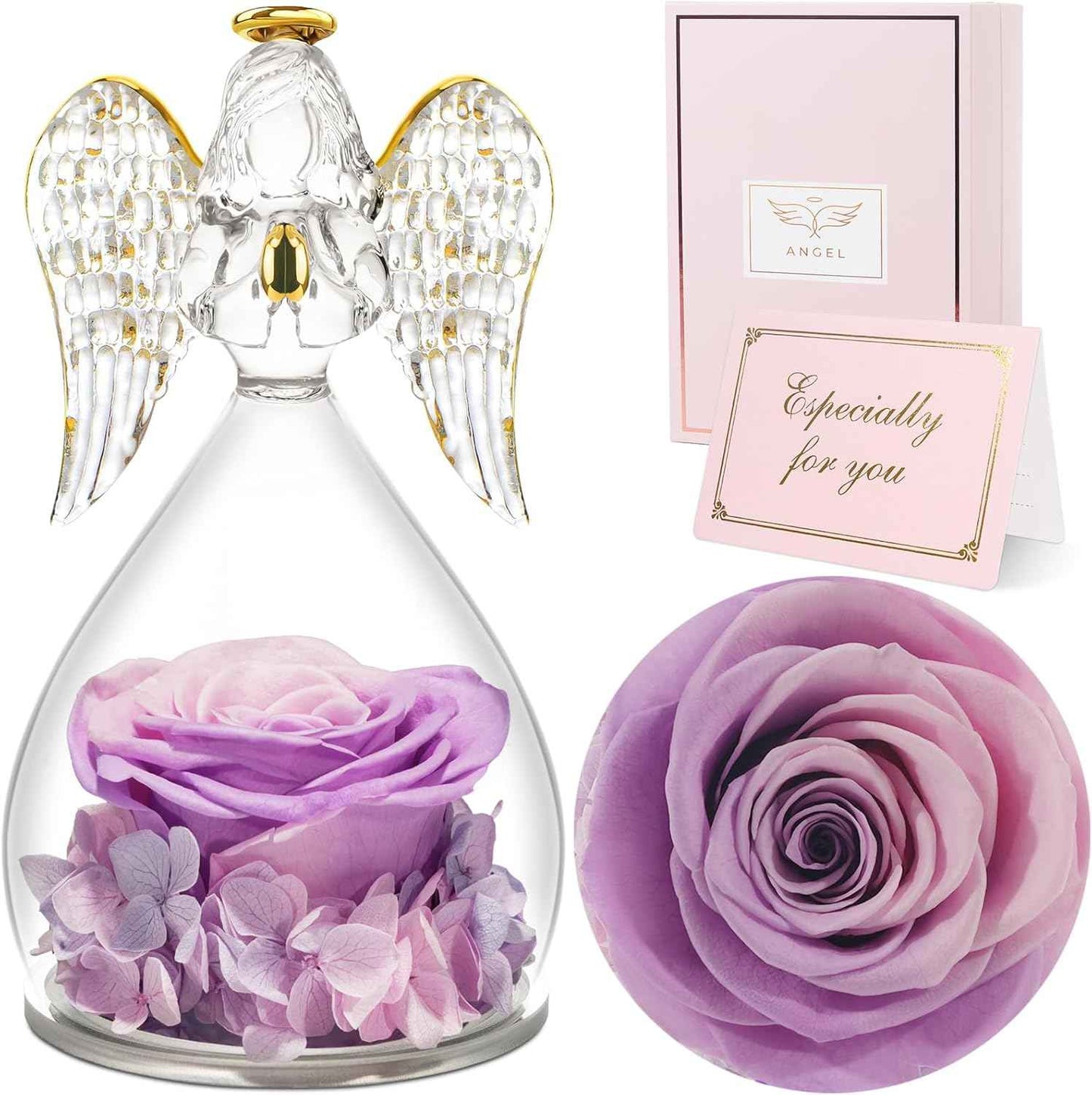 Sunia Valentines Day Rose Gifts for Women, Birthday Gifts for Mom Grandma, Forever Preserved Flower in Glass Angel Figurines Flowers for Delivery Prime, Mothers Day Real Roses for Her Wife