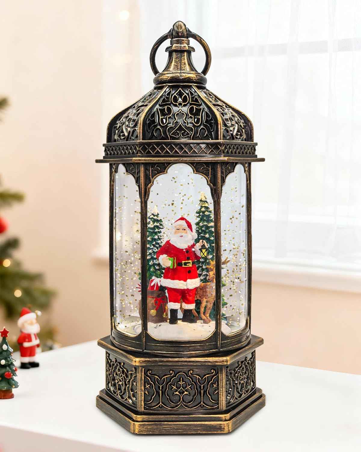 Christmas Santa Snow Globe Light up Lantern with 8 Songs, 9.17" Red Christmas Snow Globes for Kids Adults, 6H Timer & Dual Power, Snowglobes Christmas Decorations Indoor, Gifts for Women Men