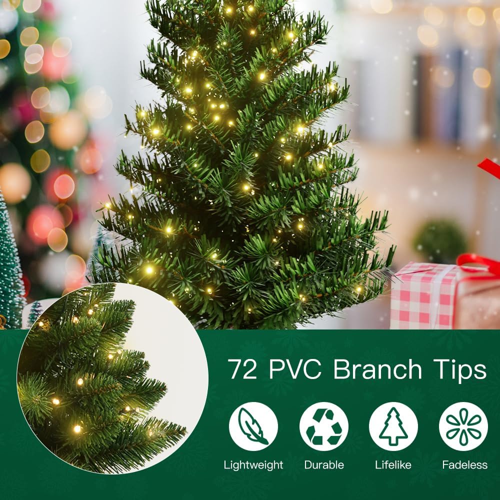 Pre-lit Mini Christmas Tree, 2ft Christmas Tree with 50 Led Warm Lights, Artificial Christmas Tree with 72 Branch Tips, Battery Operated Small Xmas Tree for Table Desk Best Holiday Home Decorations
