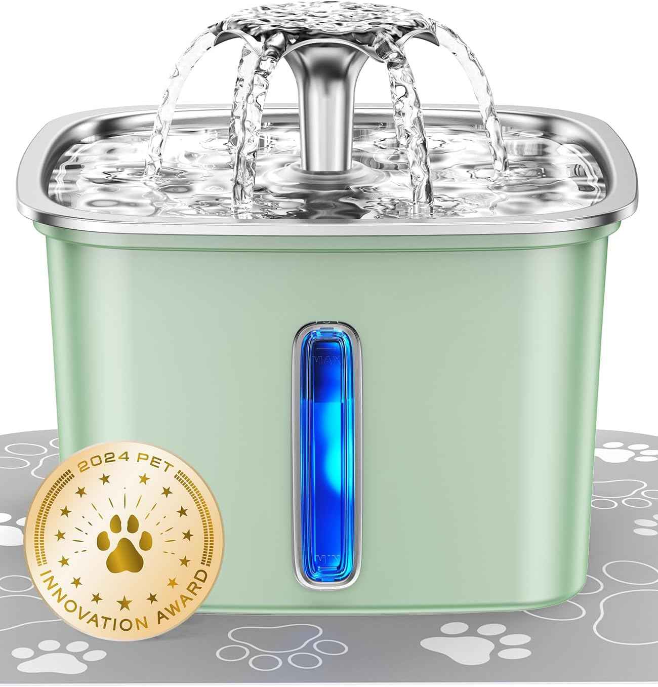 Veken Innovation Award Winner Stainless Steel Cat Water Fountain, 95oz/2.8L Automatic Pet Fountain Dog Water Dispenser with Replacement Filters & Silicone Mat for Cats, Dogs, Multiple Pets (Silver)