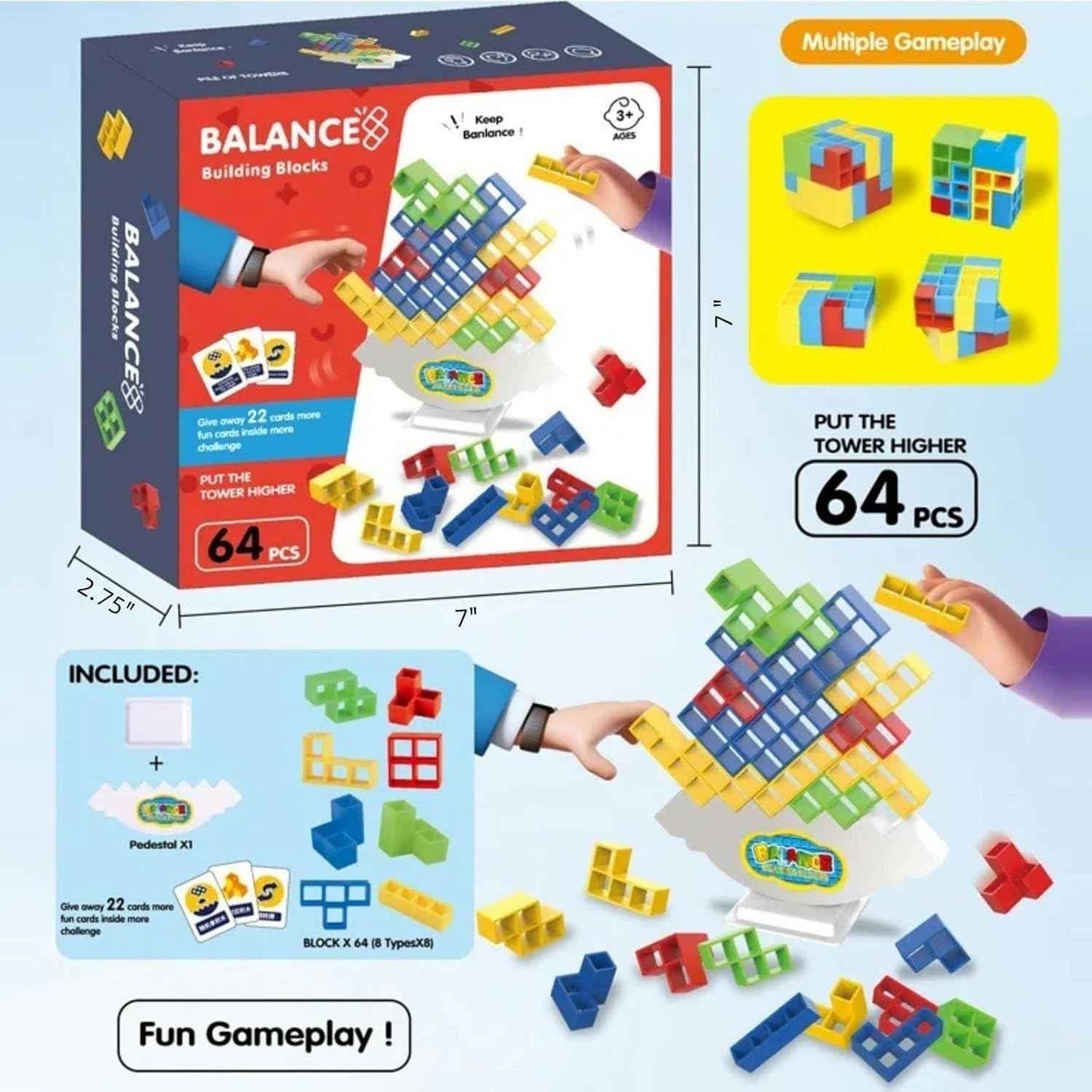 64 Pcs Stacking Tower Game with 22 Cards, Giant Tumble Balance Game for Family, Ideal Gifts for Grandkids, Christmas Stocking Stuffers for Teen Boys & Girls, Party Board Game for Kids 6-12 & Adults