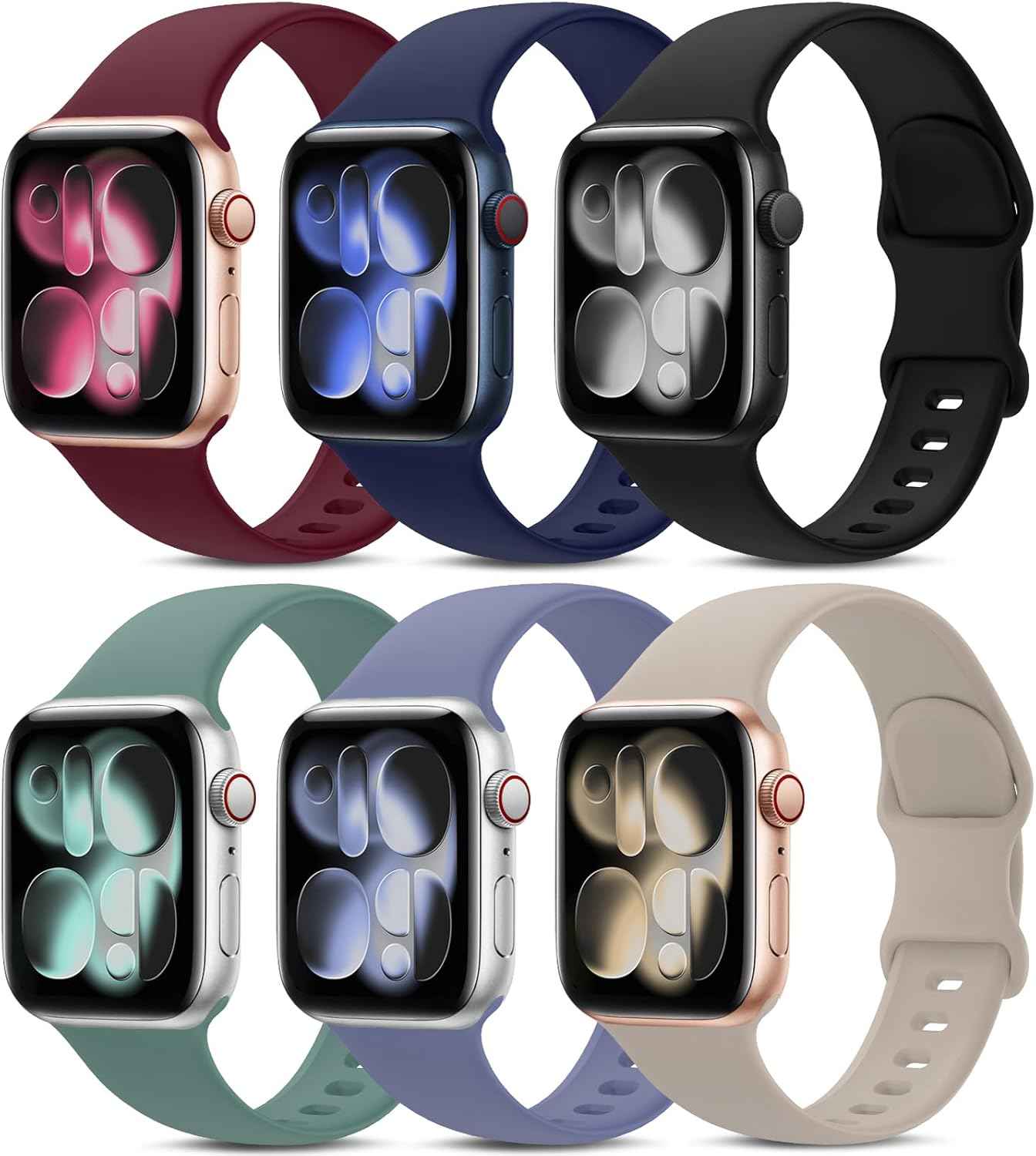 6 Pack Sport Bands Compatible with Apple Watch Band 38mm 40mm 41mm 42mm 44mm 45mm 49mm 46mm,Silicone Waterproof Strap for iWatch Apple Watch Series 11 10 9 Ultra 8 7 6 5 4 3 2 1 SE Women Men