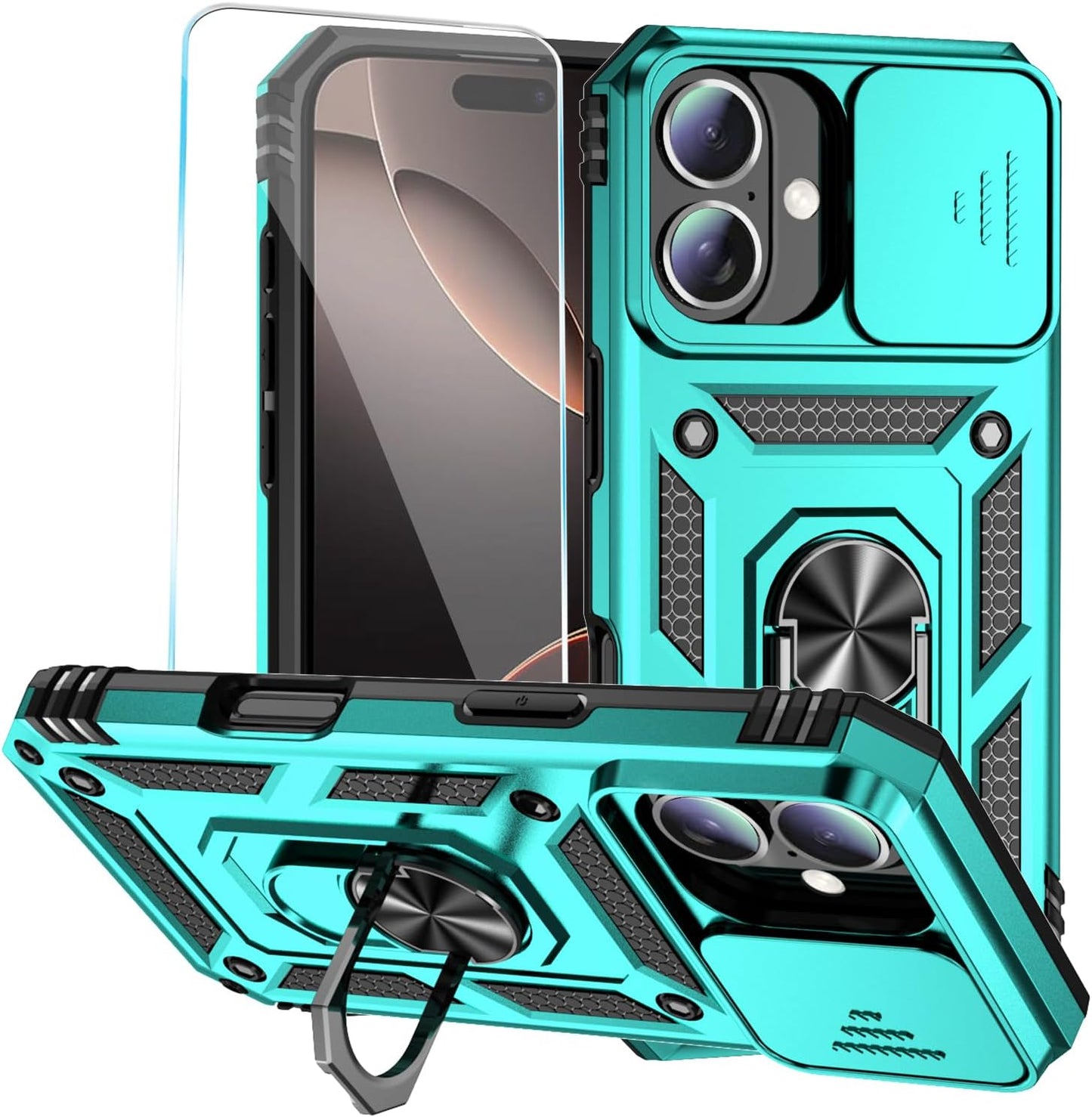 SunStory Phone Case for iPhone 16 6.1" with HD Screen Protector | Slide Camera Cover | Rotated Ring Kickstand | Military-Grade Protection | Red