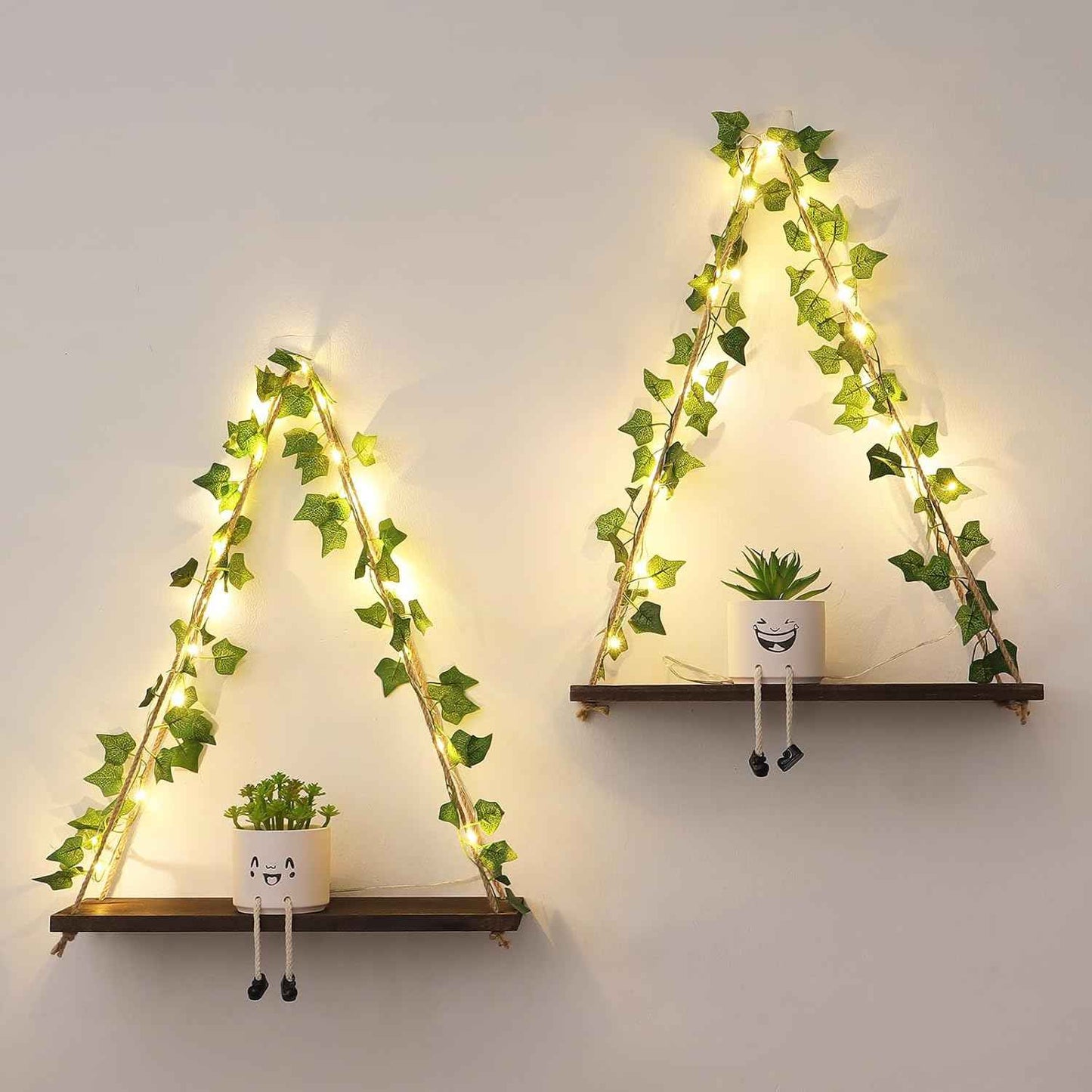 Floating Shelves for Wall, Hanging Shelves with Artificial Ivy LED String Light, No Drilling Hanging Shelf, Wood Hanging Plant Shelves for Wall DΓ©cor, Boho Decor, Art Bedroom, Set of 2