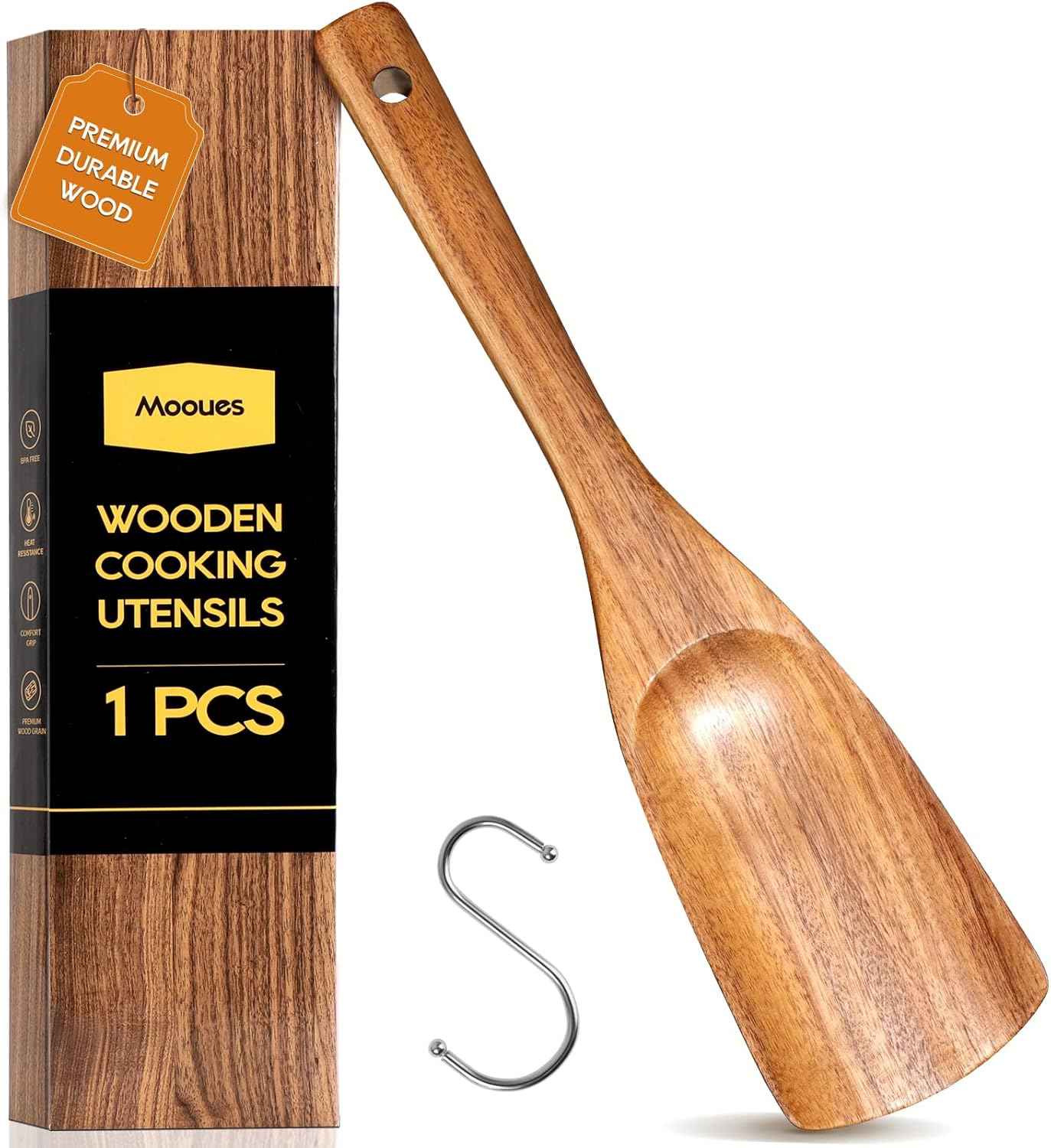 9 Piece Natural Teak Wooden Kitchen Utensil Set with Spoon Rest - Comfort Grip Cooking Spoons and Utensils Holder
