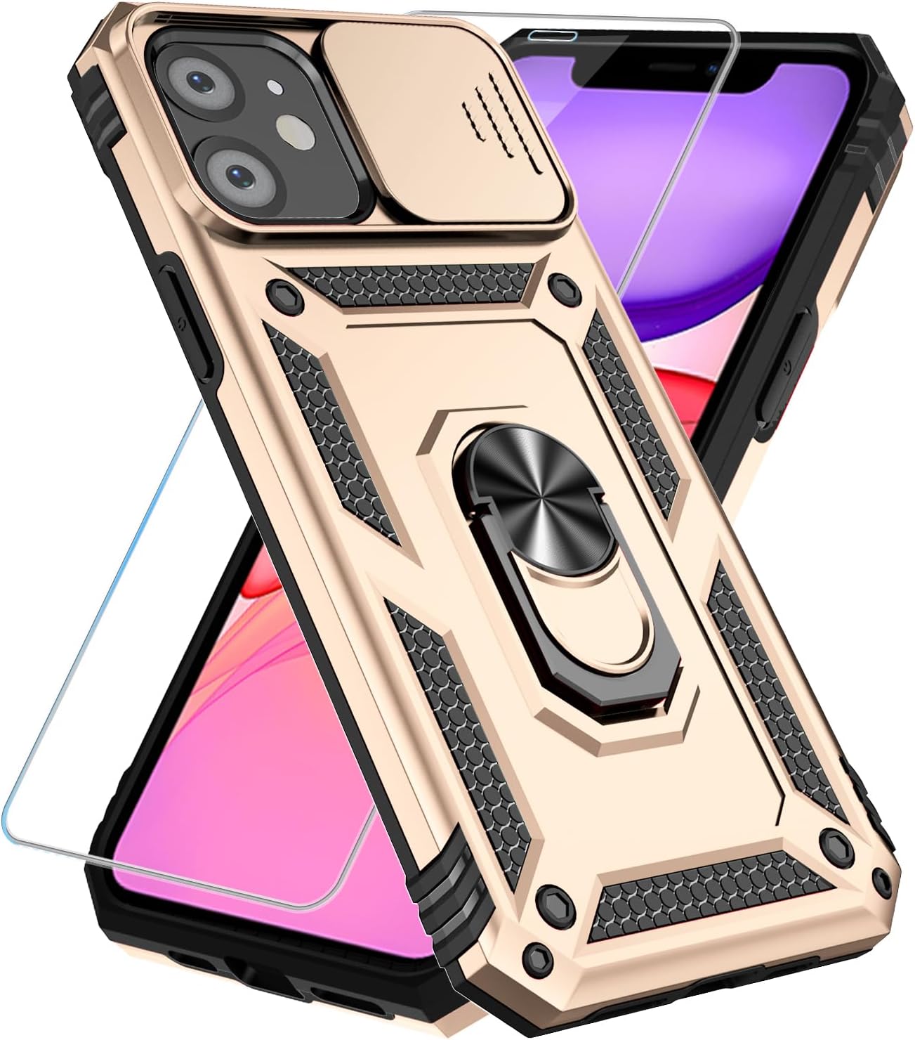 SunStory Phone Case for iPhone 16 6.1" with HD Screen Protector | Slide Camera Cover | Rotated Ring Kickstand | Military-Grade Protection | Red