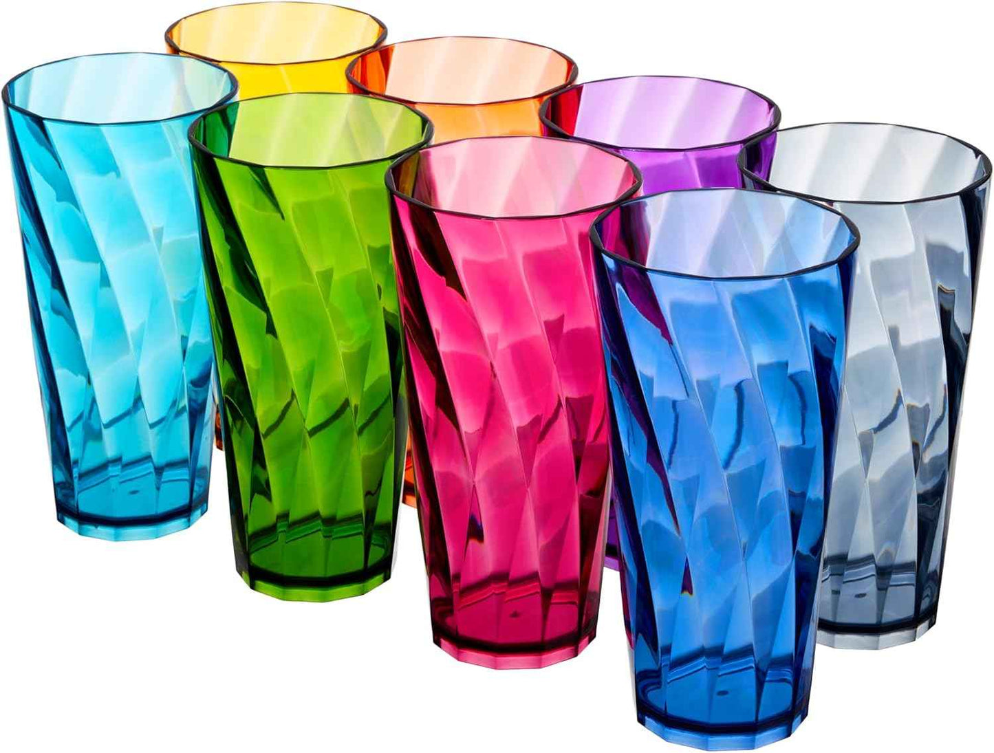 US Acrylic Optix Plastic Reusable Drinking Glasses (Set of 8) 20oz Water Cups in Jewel Tone Colors | BPA-Free Tumblers, Made in USA | Top-Rack Dishwasher Safe
