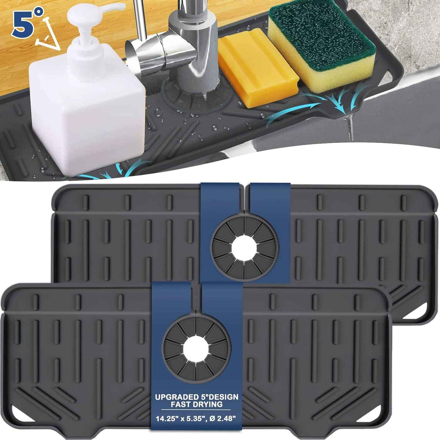 BFONS Silicone Faucet Handle Drip Catcher Drying Tray Mat Dish Soap Sponge Holder Accessories Gadgets for Kitchen Counter Bathroom Kitchen Sink Splash Guard -Grey