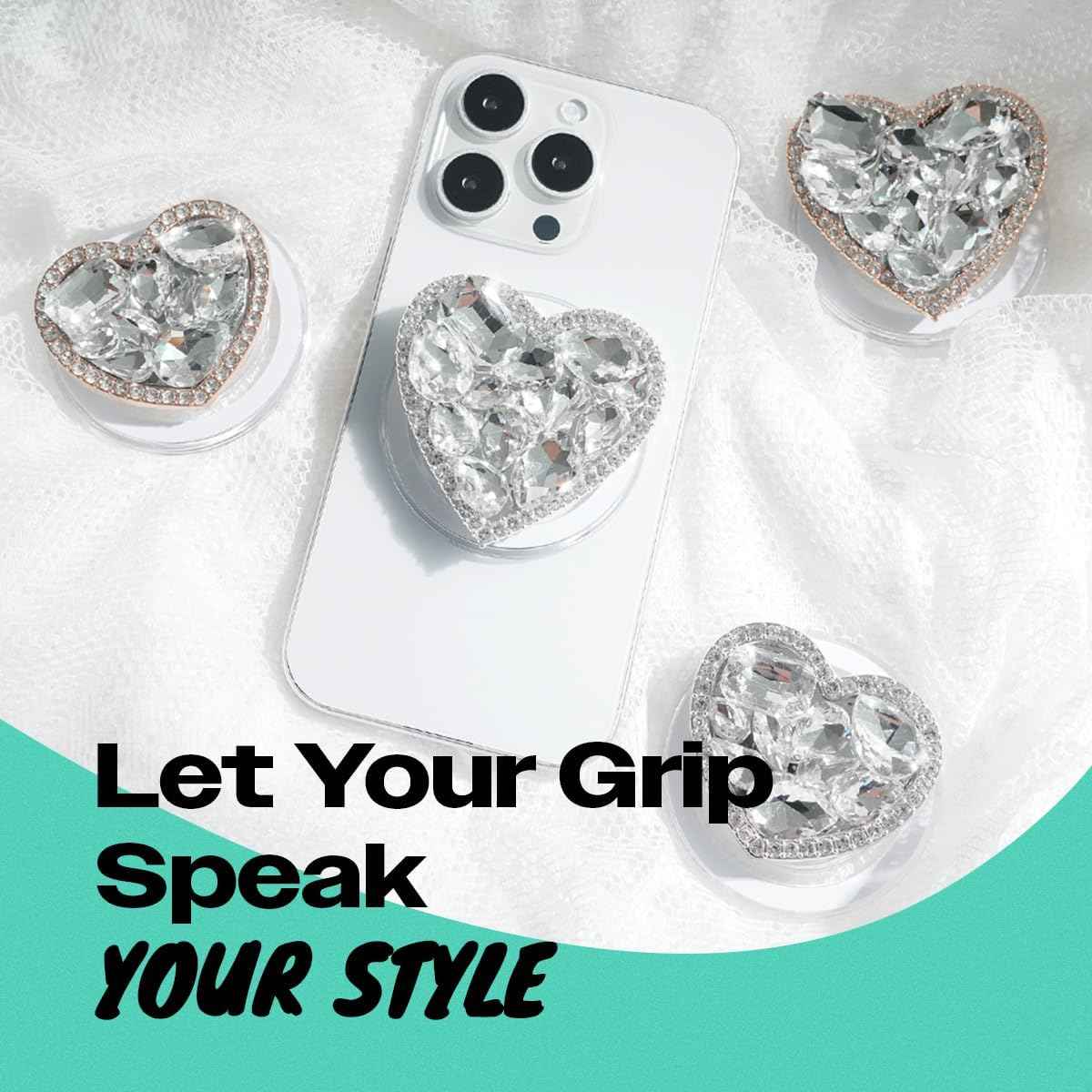 OnTheGrip Compatible with Magsafe Cute Cubic Diamond Heart Shape Design Collapsible Mobile Phone Grip Stand Holder for Smartphone Tablet Cell Phone Accessory (Gold Small)