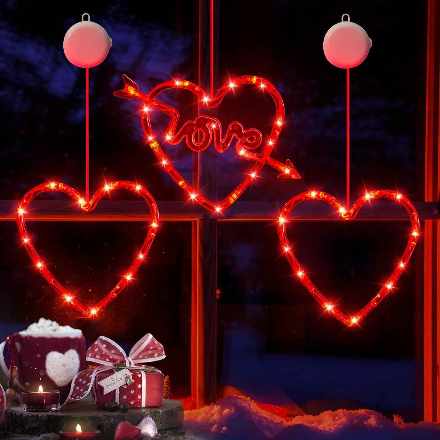 3 Pack Valentines Day Window Lights Decorations with Timer, Battery Powered Hanging Red Lighted Heart Shaped Silhouette Sucker LED Lamp for Fireplace Indoor Home Decor