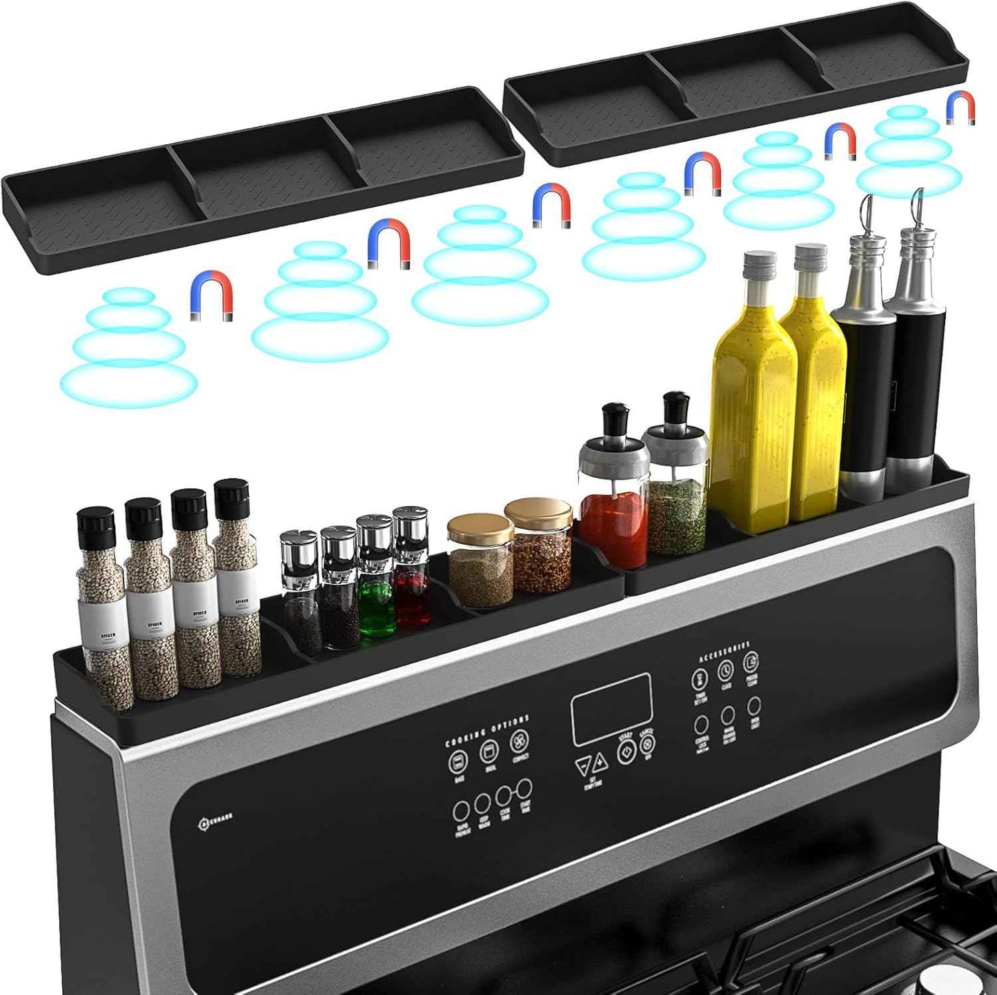 30 Inch Silicone Stove Top Shelf Magnetic for Kitchen Gadgets, Soft Flexible Strong Magnetic Heat Resistant Spice Rack Kitchen Organizer for Over Stove