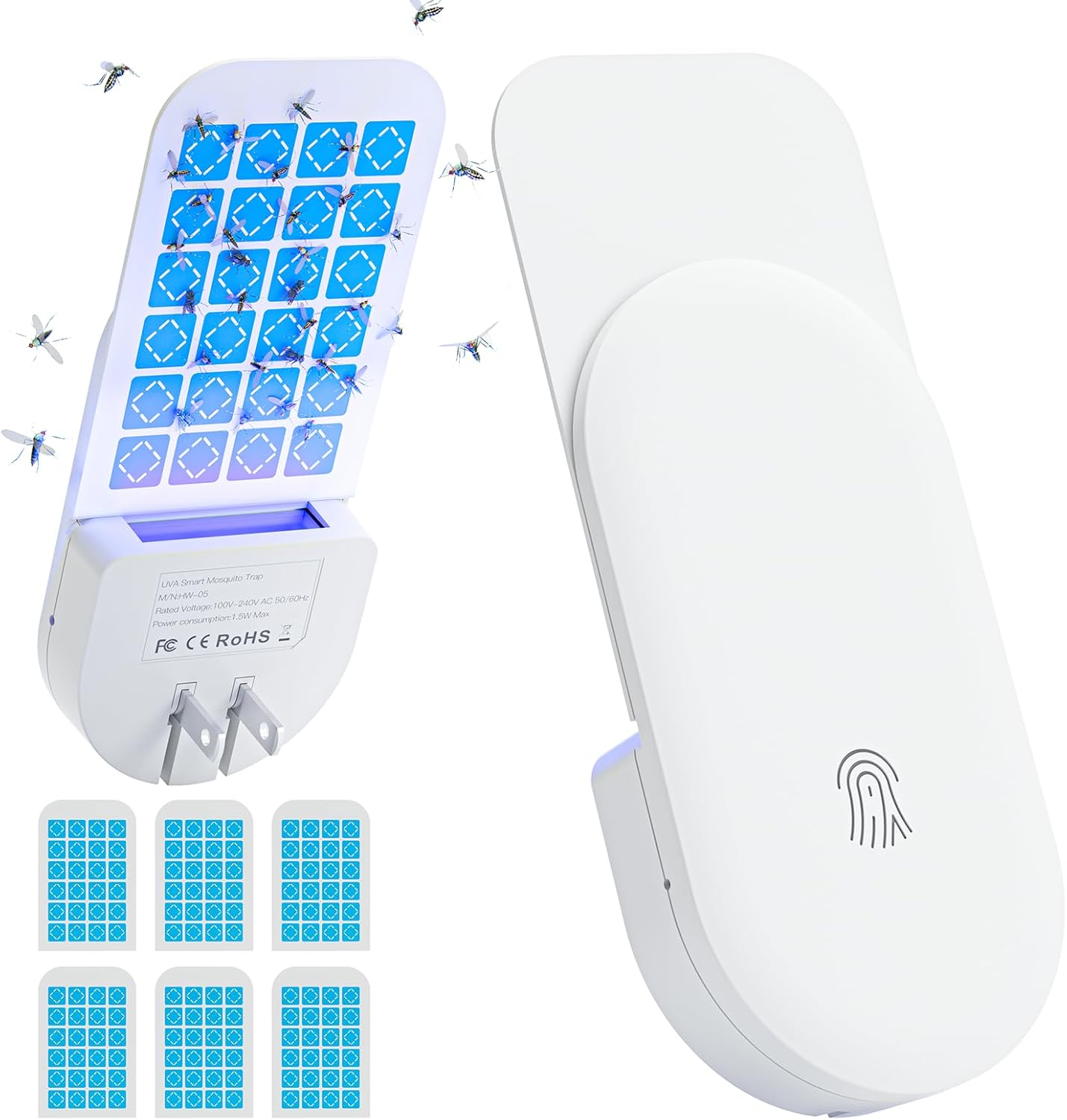 Flying Insect Trap, 2 in 1 Indoor Plug-in Fruit Fly Trap, 1 Trap White and 6 Glue Cards, Fruit Fly Traps for Gnat, Moth, Mosquito, Suitable for Every Part of The Home