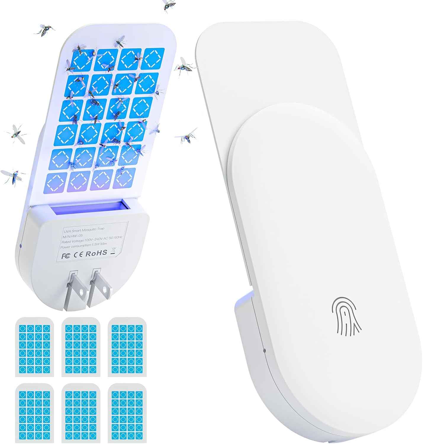 Flying Insect Trap, 2 in 1 Indoor Plug-in Fruit Fly Trap, 1 Trap White and 6 Glue Cards, Fruit Fly Traps for Gnat, Moth, Mosquito, Suitable for Every Part of The Home