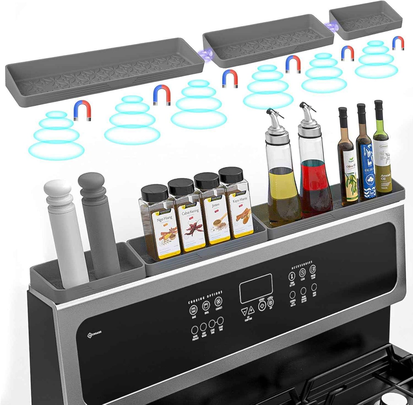 30 Inch Silicone Stove Top Shelf Magnetic for Kitchen Gadgets, Soft Flexible Strong Magnetic Heat Resistant Spice Rack Kitchen Organizer for Over Stove