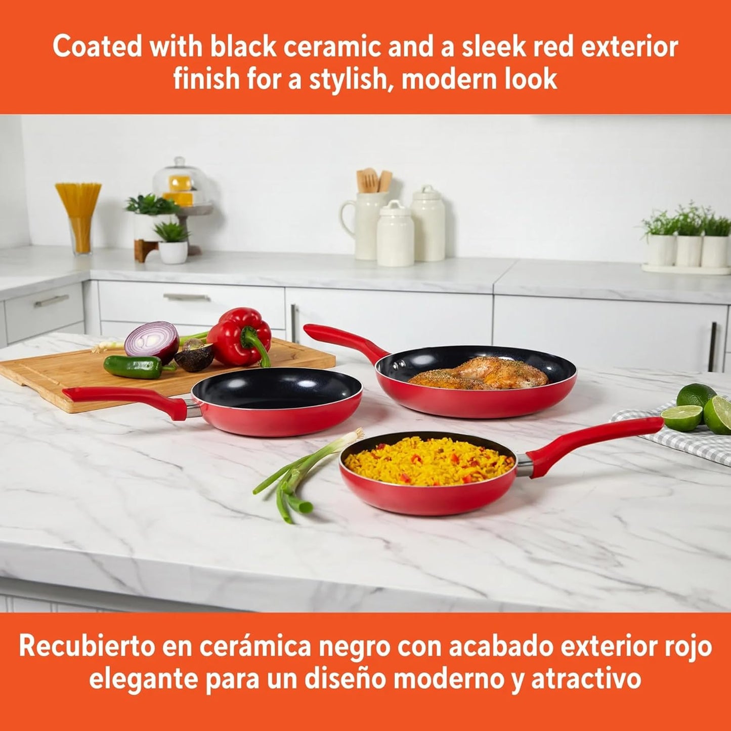 LYMSTE 3-Piece Red Ceramic Non-Stick Frying Pan Set, Aluminum Pots and Pans Set with Cool Touch Handles
