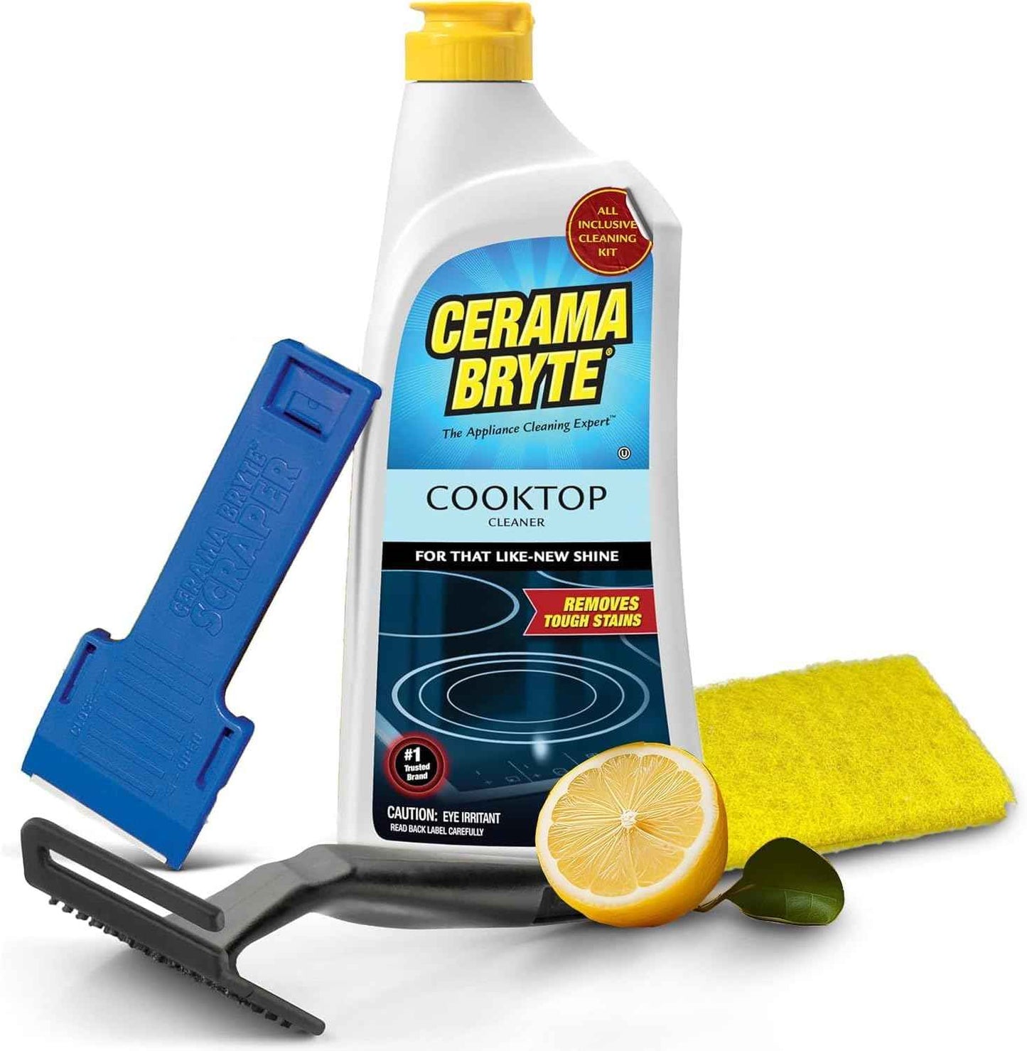 Cerama Bryte Glass Cooktop and Stove Top Cleaner Combo Kit - Includes Cleaning Tool, Razor, Scraper and 1 Pad to Remove Tough Stains - Use on Gas, Electric, Ceramic Surfaces, 10 Ounces, 4 Piece