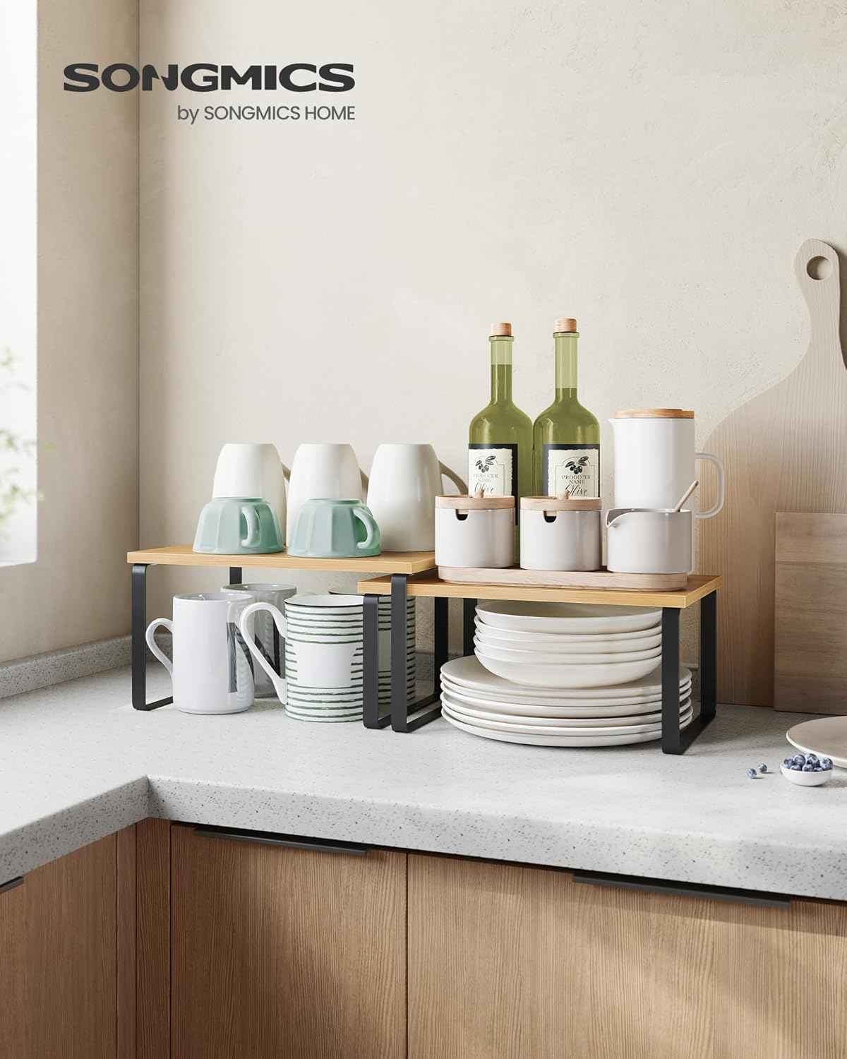 SONGMICS Cabinet Organizer Shelf, Set of 2 Kitchen Counter Shelves, Kitchen Storage, Spice Rack, Stackable, Expandable, Metal and Engineered Wood, Ink Black and Natural Beige UKCS02NB