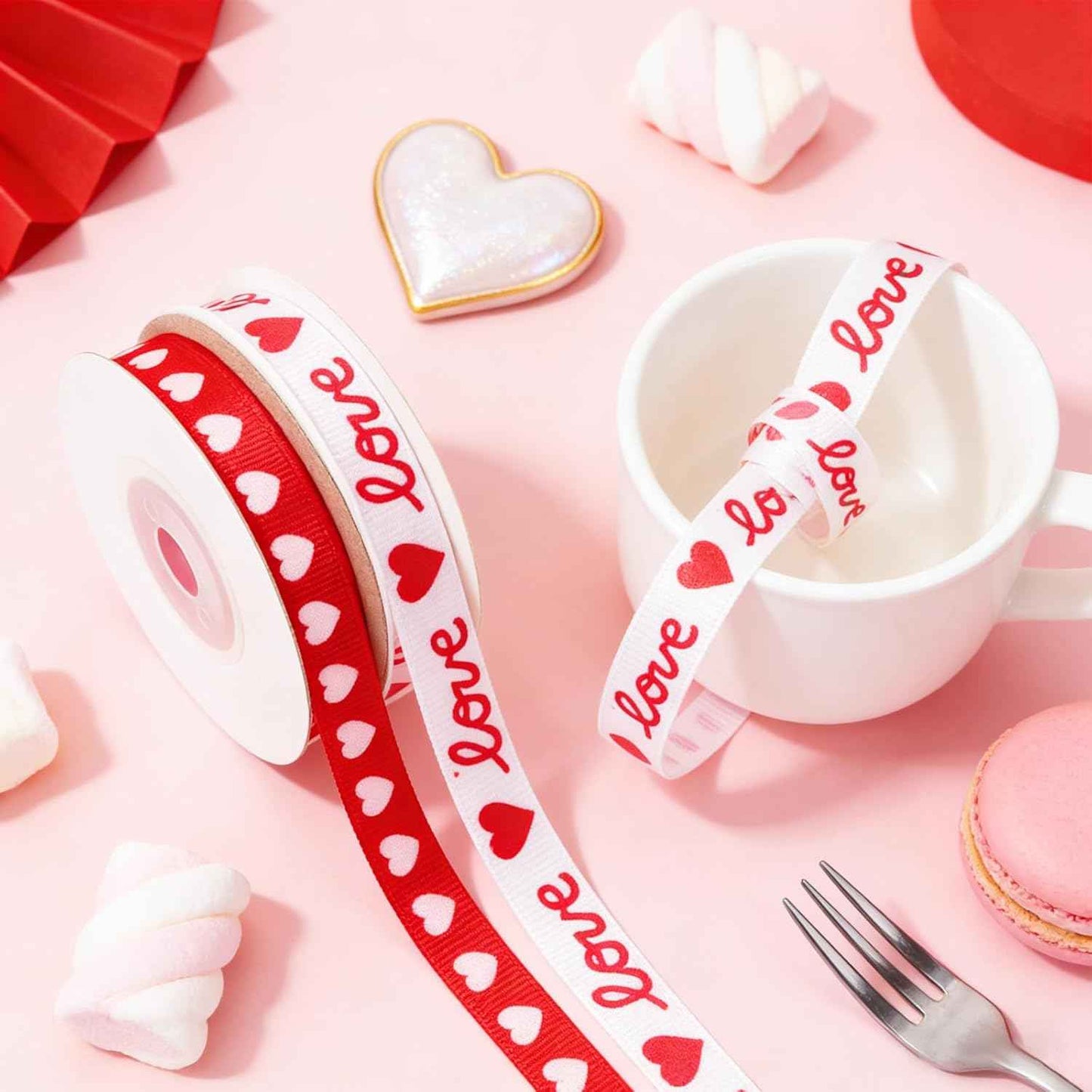 Valentines Day Ribbon, 2 Rolls 3/8 Inch Heart & Love Satin Ribbon for Gift Wrapping Crafts Bouquets Red Pink Total 20 Yard for Valentines Home Decor Wedding DIY Projects