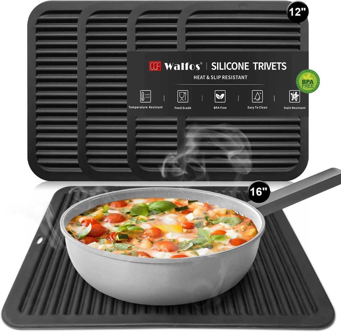 Walfos Silicone Trivet Mats - 4 Heat Resistant Pot Holders, Multipurpose Non-Slip Hot Pads for Kitchen Potholders, Hot Dishers, Jar Opener, Spoon Holder, Food Grade Silicone & BPA Free (Black)