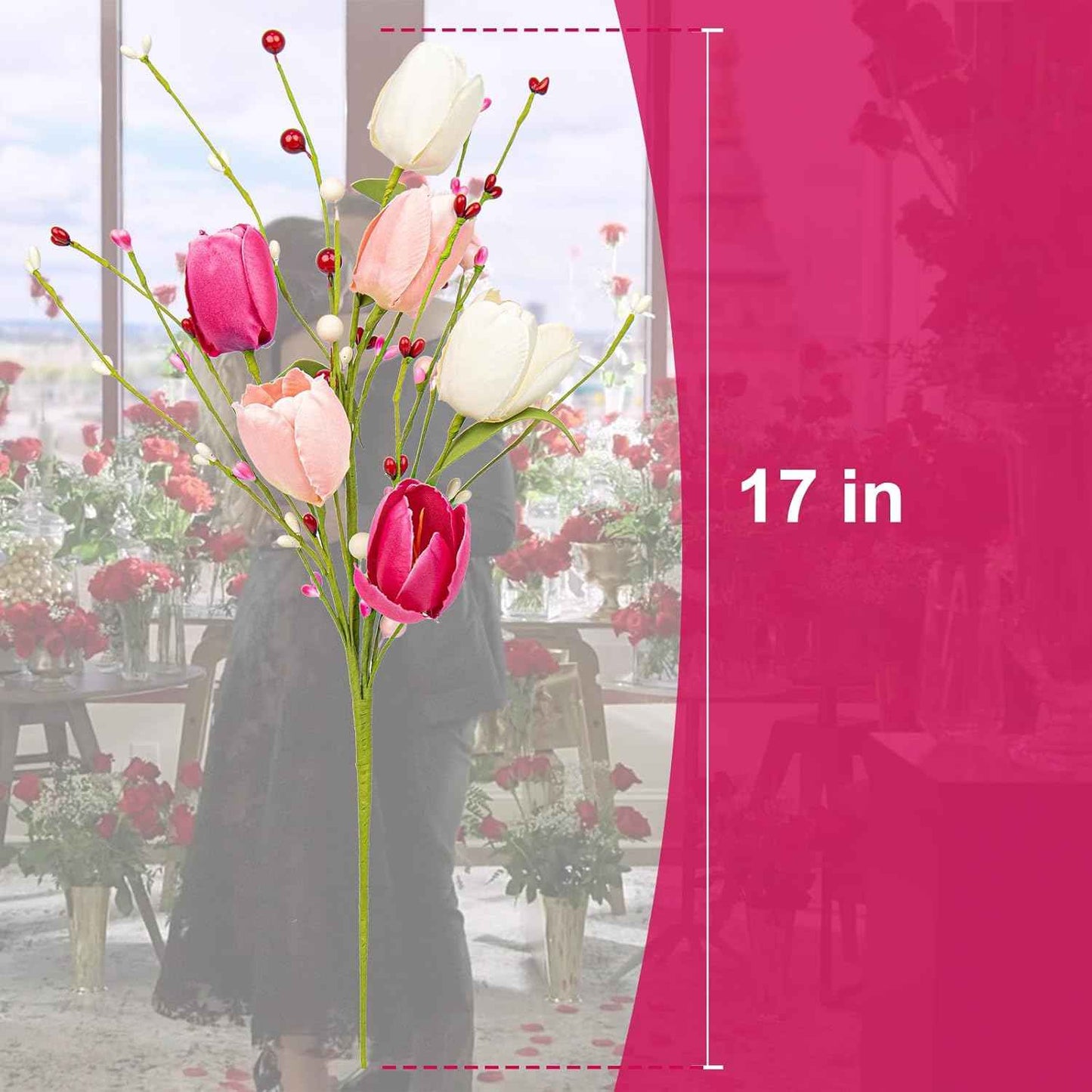 VioletEverGarden Valentines Day Decorations 6 Pack Valentines Flowers 17 inch Valentine’s Day Picks with Tulip Berry for Valentine’s Day Wedding Party Center Pieces