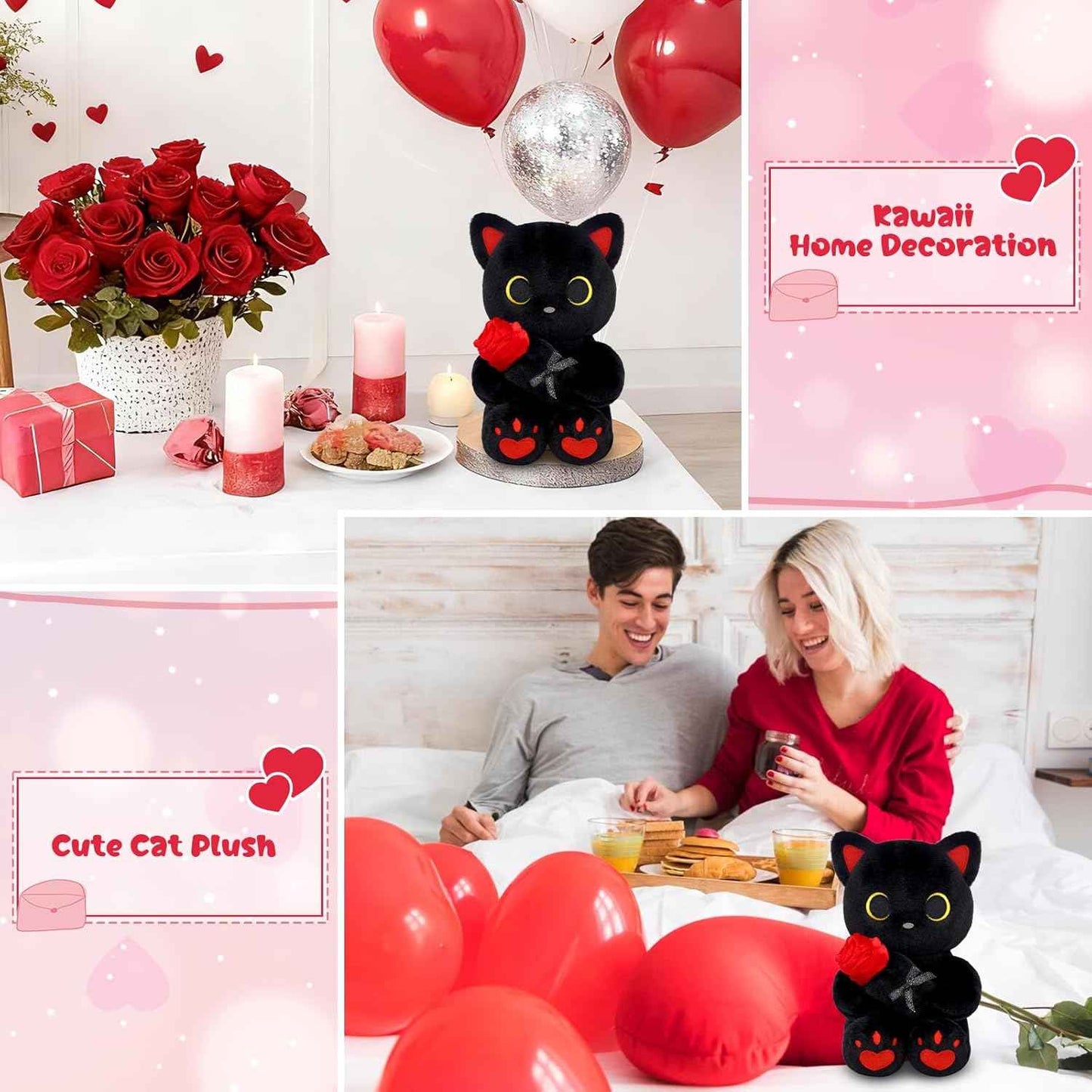 Black Cat Plush Holding Rose, 8 Inch Kawaii Valentines Plushies with Bow & Heart, Cute Plush Toy Soft Valentine's Day Gift for Her, Girlfriend, Wife, Kids