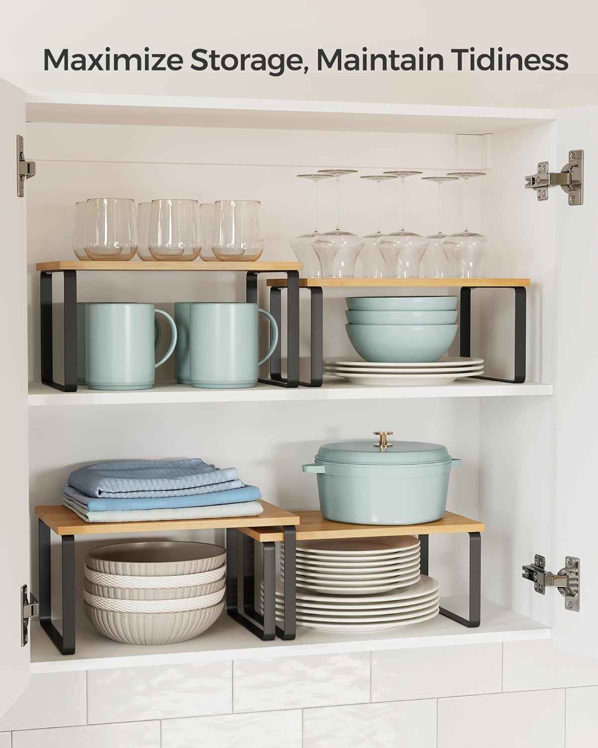 SONGMICS Cabinet Organizer Shelf, Set of 2 Kitchen Counter Shelves, Kitchen Storage, Spice Rack, Stackable, Expandable, Metal and Engineered Wood, Ink Black and Natural Beige UKCS02NB