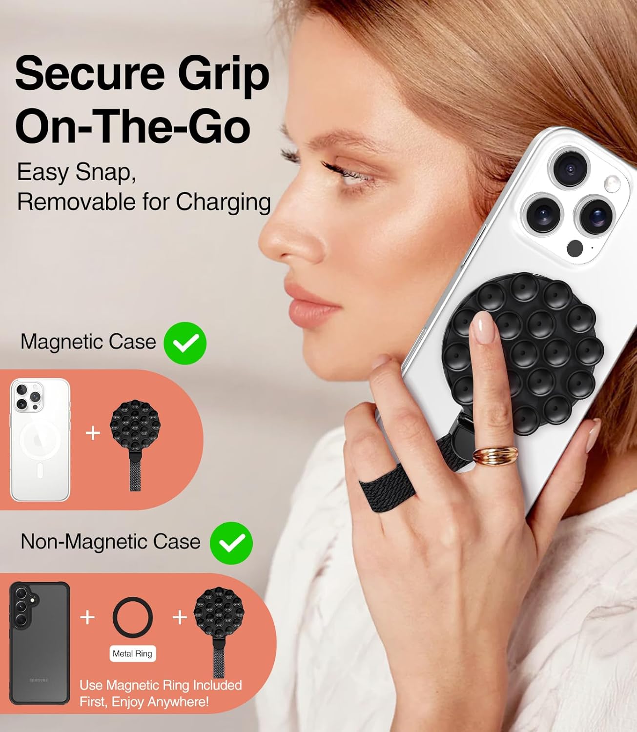 MagSuction Grip Magnetic Phone Grip Holder for MagSafe, Silicone Suction Phone Mount, Adjustable Kickstand with Finger Loop, Compatible with iPhone 16/15/14/13/12 Series (Black)