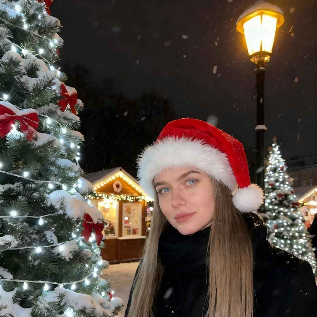 Christmas Hat, Santa Hats for Adults & Kids Red Velvet Comfort Extra Thicken Holiday Xmas Hat for New Year Festive Party