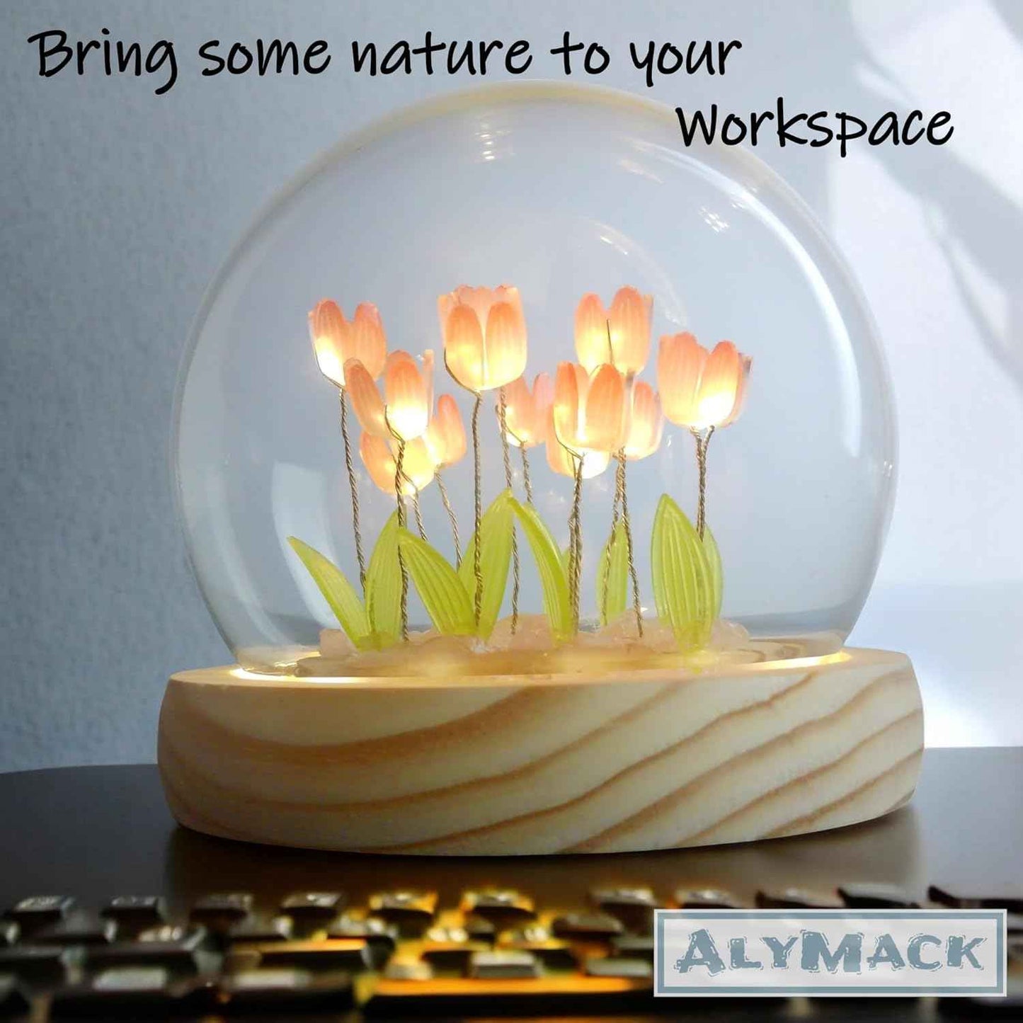 Tulip Lamp Glass Globe - Illuminated Flower Lamp with Glowing Blooms on Wooden Base - Battery-Powered Decorative Night Light for Bedroom, Living Room & Home Decor | Tulip and Rose Infinity Mirror, Gift for Women or Girl, Fully Assembled, in a Glass, Cuten