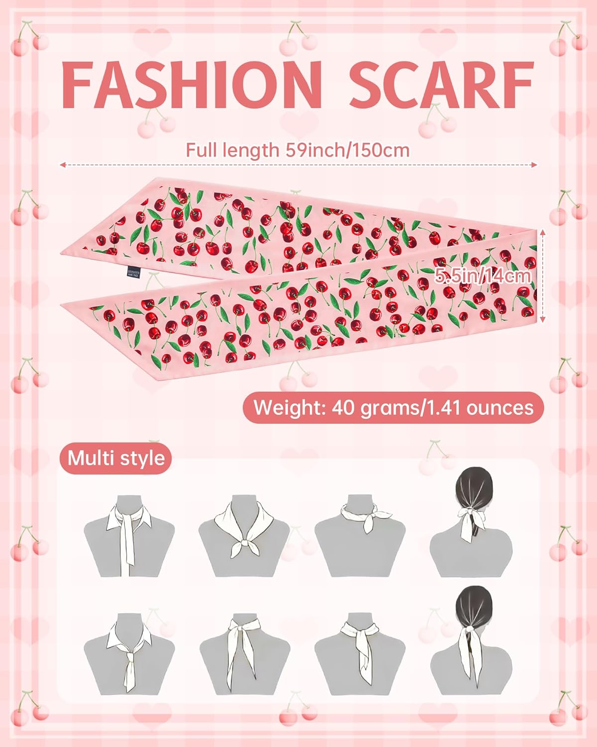 Mesovor Cherry Head Scarf Hair Neck Scarves for Women, Fashion Purse Bag Scarfs | Long Thin Satin Headscarf Headbands