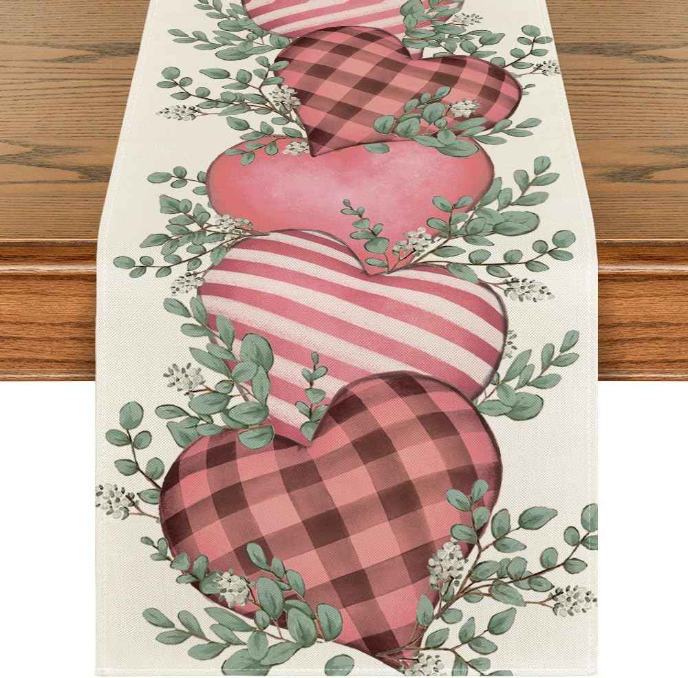 Artoid Mode Eucalyptus Hearts Valentine's Day Table Runner, Holiday Kitchen Dining Table Decoration for Home Party Indoor 13x72 Inch