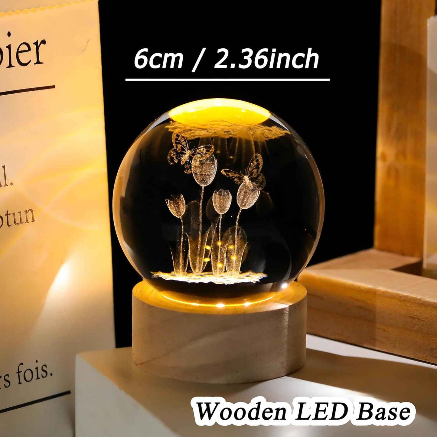 Enjinkail 3D Butterfly Tulips Crystal Ball with Wooden Light Base Glass Tulip Figurine Gift for Women Decor Tulips Statue Gifts for Mother's Day Birthday Valentine Christmas (Diameter 2.36 inches)