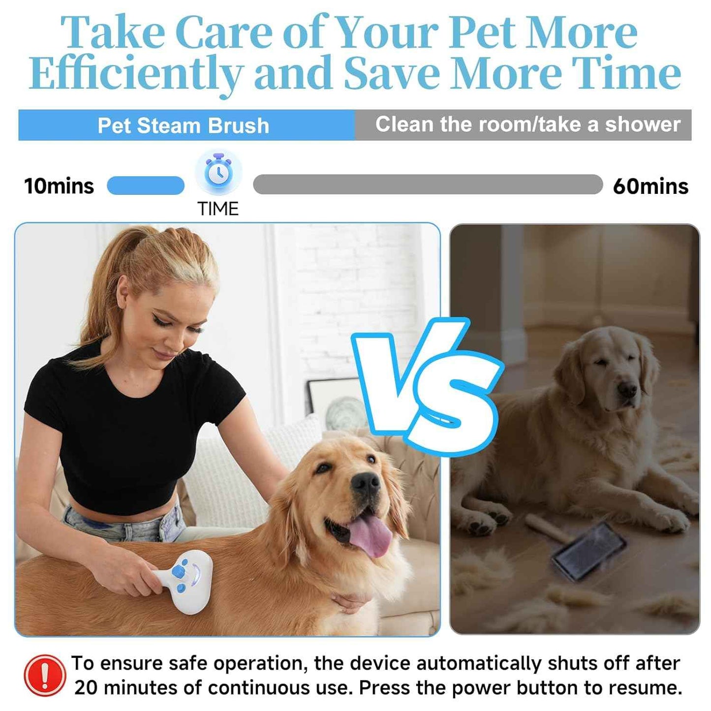 Pet Steam Brush for Dog & Cat - 3-in-1 Steam Grooming Brush for Shedding & Hair Removal - Self Cleaning Spray Comb with Mist for Long Haired Pets - Includes 1*Waterless Shampoo, Blue.