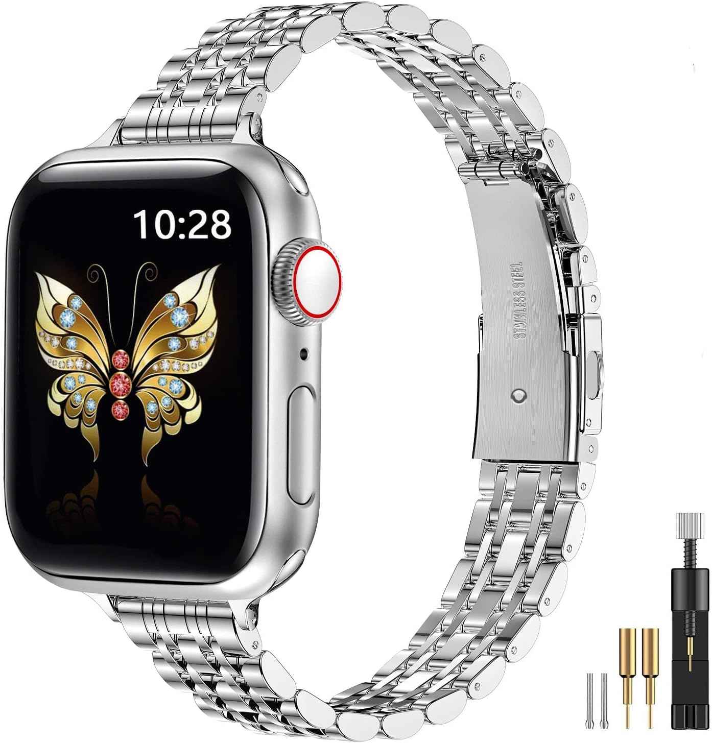 MioHHR Slim Metal Band Compatible with Apple Watch Band 42mm(Series 11 10) 41mm(Series 9 8 7) 40mm(Series 6 5 4 SE3/2/1) 38mm(Series 3 2 1),Stainless Steel iWatch Bands for Women,Silver/Gold