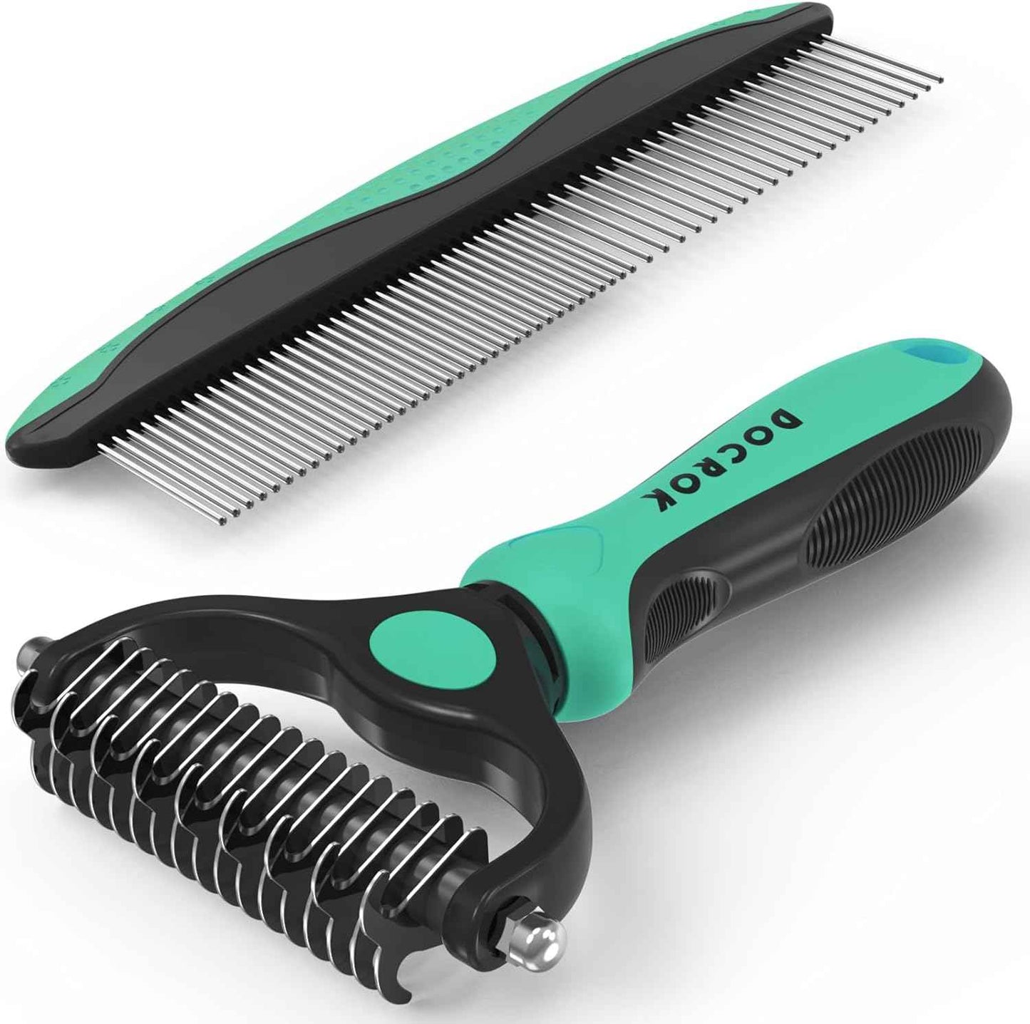 Pet Grooming Combo - Blue Deshedding Brush with Metal Comb for Detangling and Dematting Long, Matted Fur on Cats and Dogs