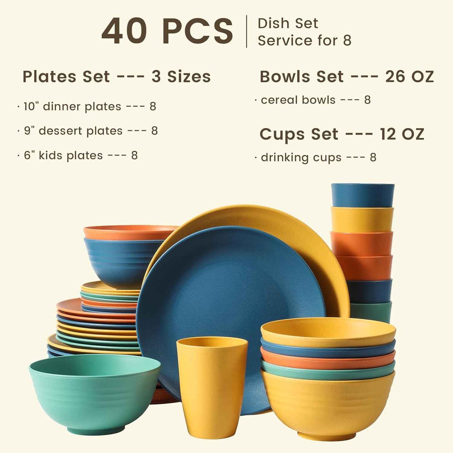 Homienly 40-Piece Premium Wheat Straw Dinnerware Sets, Service for 8, Unbreakable Plates and Bowls Set - Cups Sets, Dinner Plates, Bowls for Kitchen,Dishwasher and Microwave Safe Dishes Set - Multi