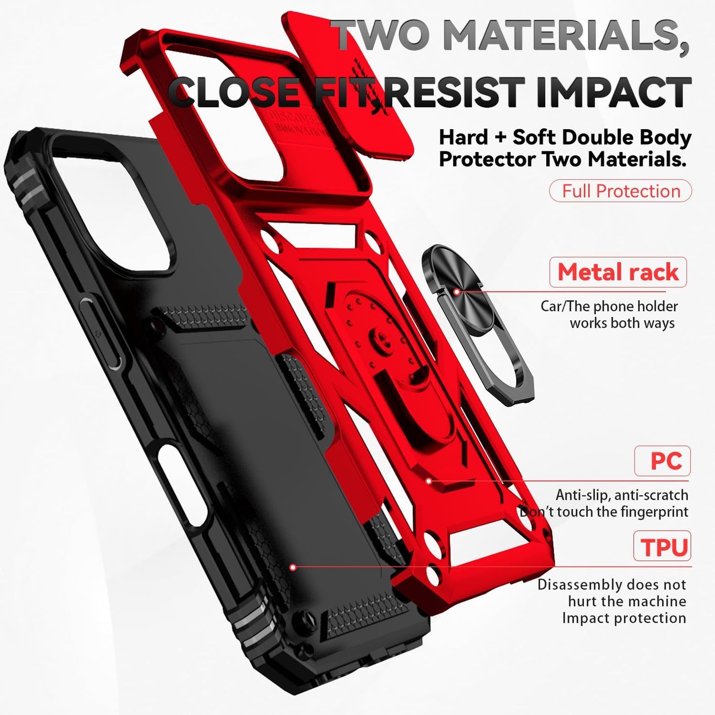 SunStory Phone Case for iPhone 16 6.1" with HD Screen Protector | Slide Camera Cover | Rotated Ring Kickstand | Military-Grade Protection | Red