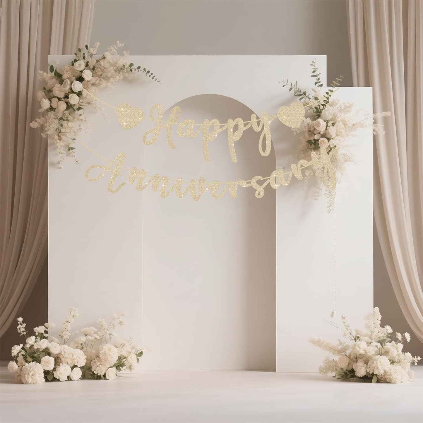 Happy Anniversary Banner, Pre-Strung Gold Glitter Wedding Anniversary Decorations Romantic, Couples Shower Decorations Banner For Happy Wedding Reception Day Bridal Shower Party