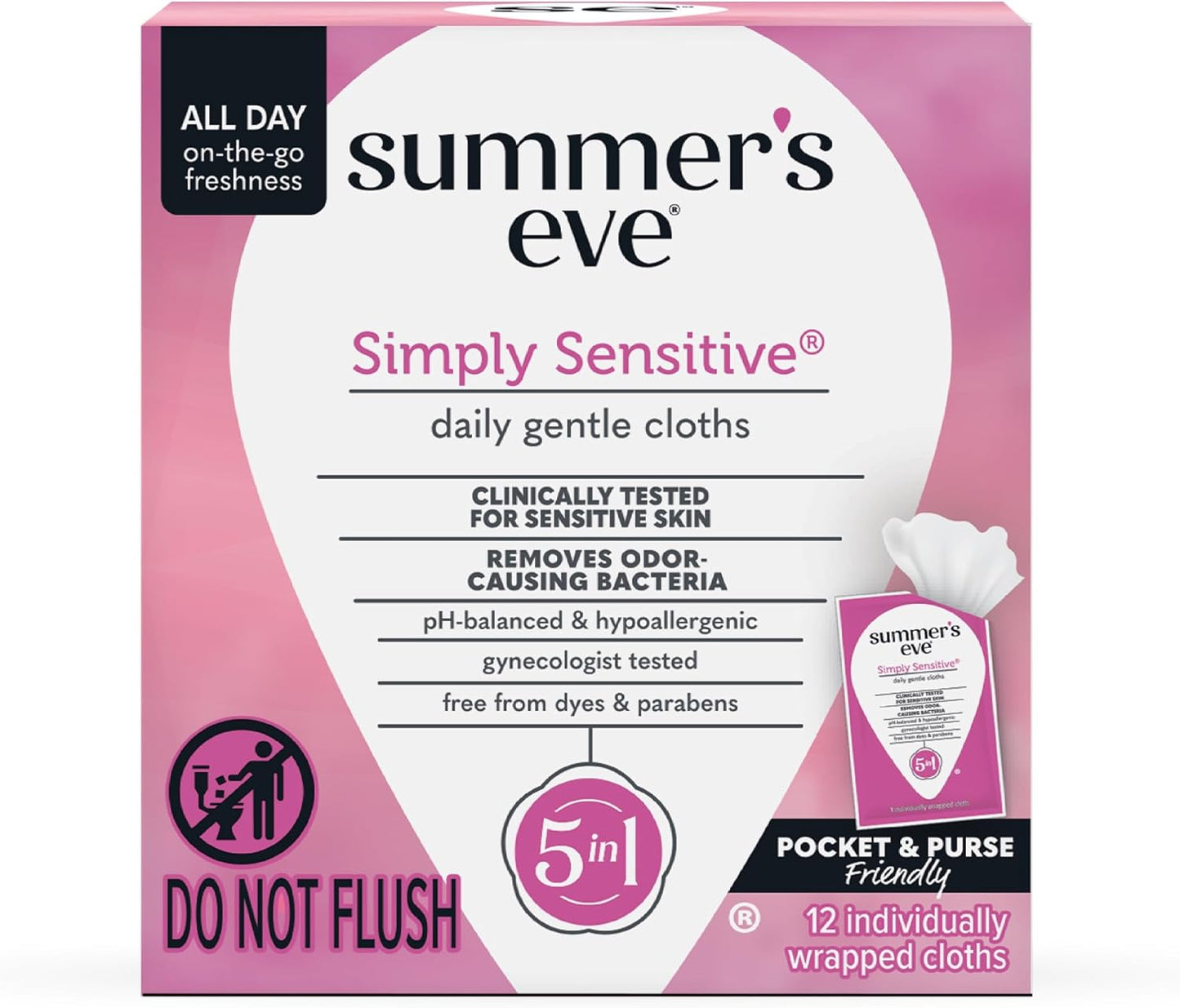 Summer's Eve Ultimate Odor Protection Daily Feminine Wipes, Gentle pH-Balanced Formula with Boric Acid Cleanses & Removes Vaginal Odor, Individually Wrapped Body Wipes, 12 Count
