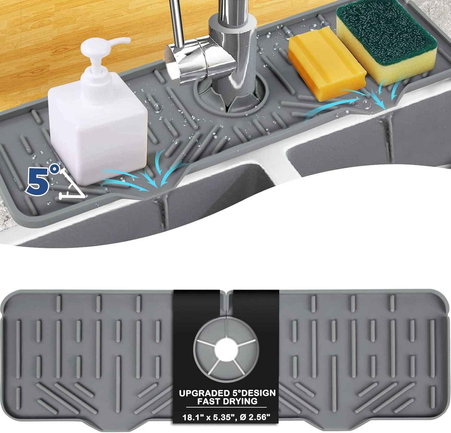 BFONS Silicone Faucet Handle Drip Catcher Drying Tray Mat Dish Soap Sponge Holder Accessories Gadgets for Kitchen Counter Bathroom Kitchen Sink Splash Guard -Grey